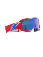 Óculos Alpinestars Vision 5 Corp, óculos de motocross, vermelho, branco e azul com lente espelhada azul, armação vermelha com ventilação, tira larga vermelha com logótipo azul e branco, óculos profissionais para corridas de todo-o-terreno e motocross