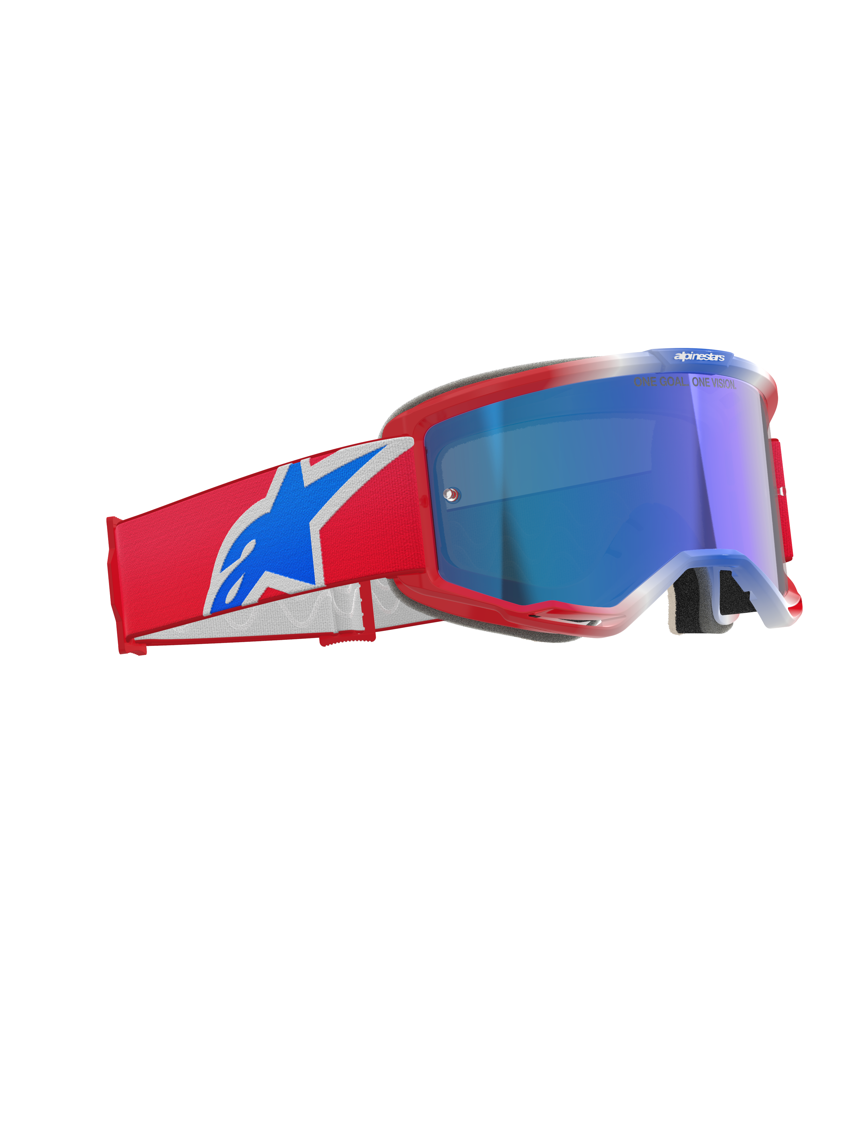 Óculos Alpinestars Vision 5 Corp, óculos de motocross, vermelho, branco e azul com lente espelhada azul, armação vermelha com ventilação, tira larga vermelha com logótipo azul e branco, óculos profissionais para corridas de todo-o-terreno e motocross