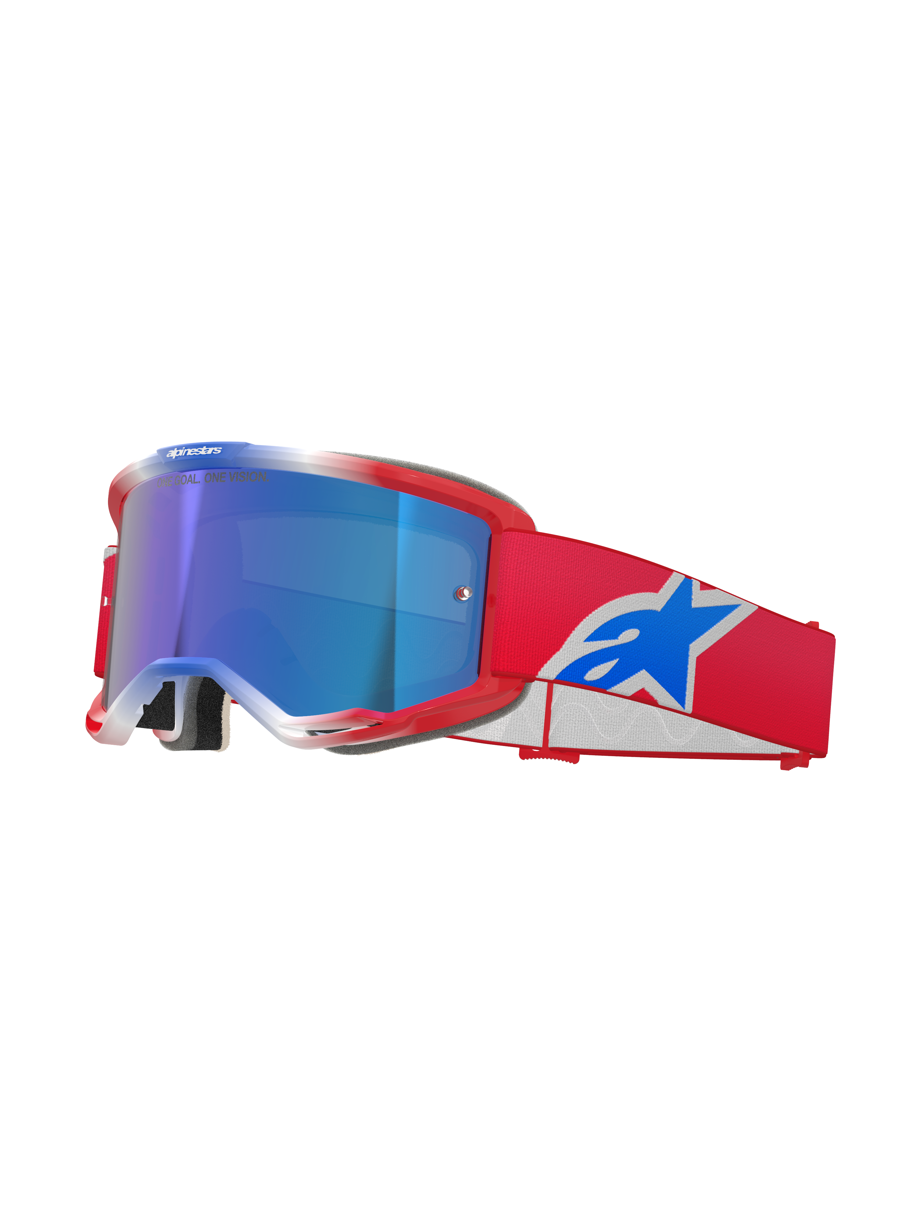 Alpinestars Vision 5 Corp Goggles, óculos de motocross, vermelho, branco e azul, lente espelhada azul, fita vermelha com o logótipo azul da Alpinestars, armação vermelha flexível com detalhes brancos, proteção ocular para condução fora de estrada
