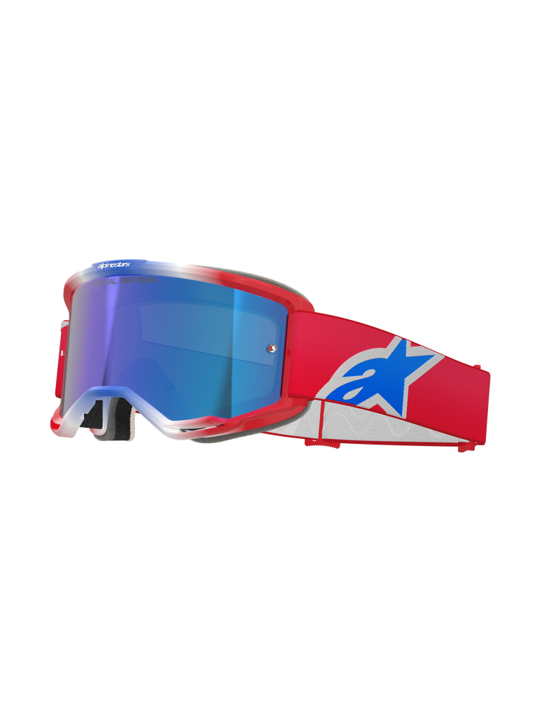 Alpinestars Vision 5 Corp Goggles, óculos de motocross, vermelho, branco e azul, lente espelhada azul, fita vermelha com o logótipo azul da Alpinestars, armação vermelha flexível com detalhes brancos, proteção ocular para condução fora de estrada