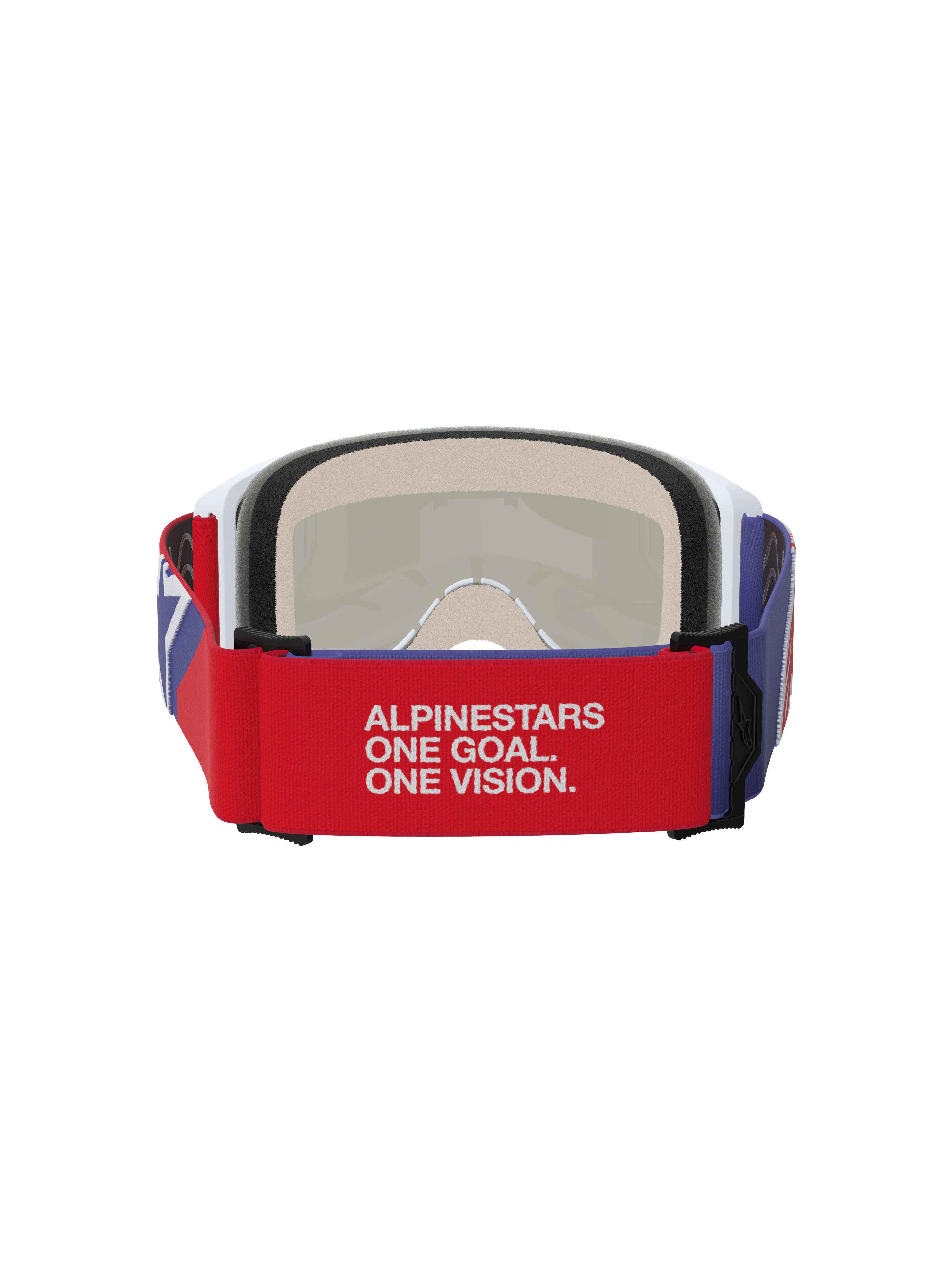 Alpinestars Vision 5 Corp Goggles, Motocross Goggles, Red and Purple, rear view featuring a red elastic strap with white 'ALPINESTARS ONE GOAL. ONE VISION.' slogan, white frame with beige multi-stage face foam, durable off-road eye protection