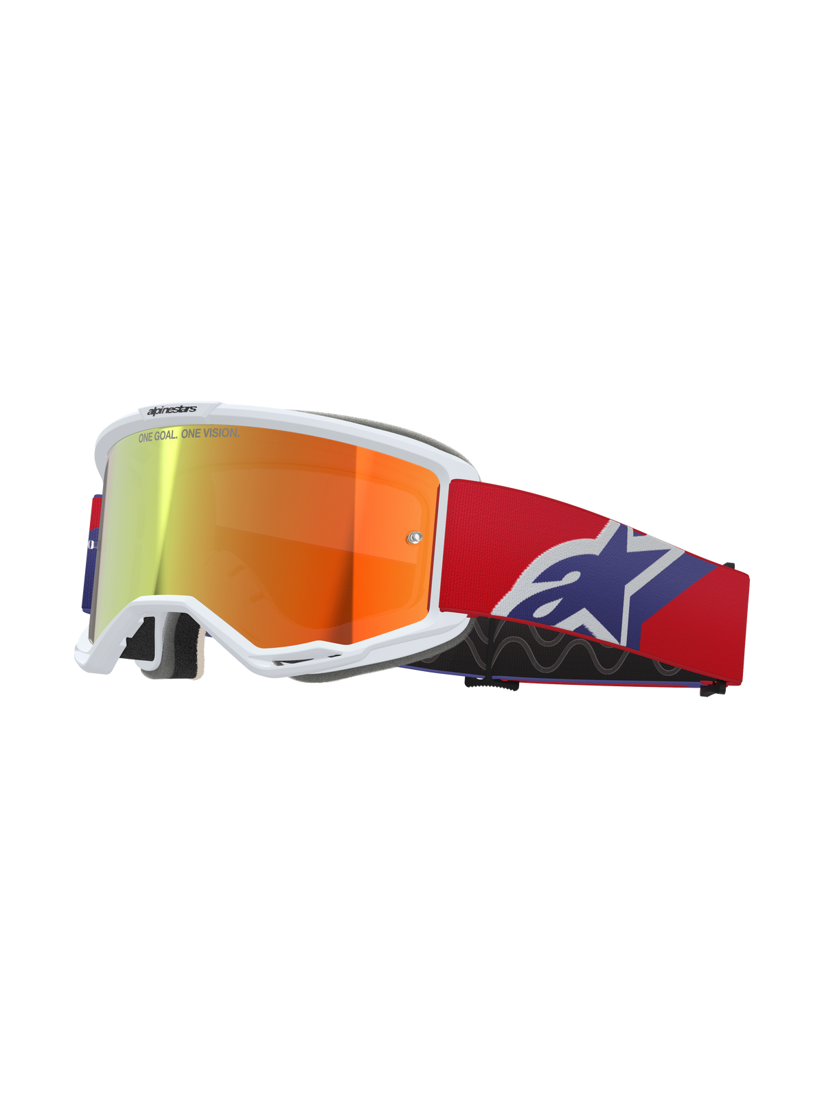 Alpinestars Vision 5 Corp Goggles, white frame with reflective orange and purple mirror lens, "ONE GOAL. ONE VISION." branding, red strap with blue and white star logo, motocross racing eyewear