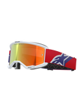Alpinestars Vision 5 Corp Goggles, white frame with reflective orange and purple mirror lens, "ONE GOAL. ONE VISION." branding, red strap with blue and white star logo, motocross racing eyewear