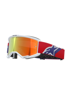Alpinestars Vision 5 Corp Goggles, white frame with reflective orange and purple mirror lens, "ONE GOAL. ONE VISION." branding, red strap with blue and white star logo, motocross racing eyewear
