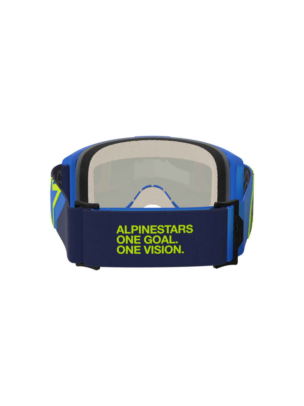 Óculos Alpinestars Vision 5 Corp, azul e amarelo fluo, vista traseira mostrando a fita azul-escura com o texto "Alpinestars One Goal One Vision" em verde-lima, armação azul e espuma facial de várias camadas, proteção ocular para motocross