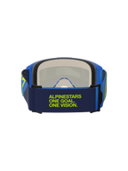 Óculos Alpinestars Vision 5 Corp, azul e amarelo fluo, vista traseira mostrando a fita azul-escura com o texto "Alpinestars One Goal One Vision" em verde-lima, armação azul e espuma facial de várias camadas, proteção ocular para motocross