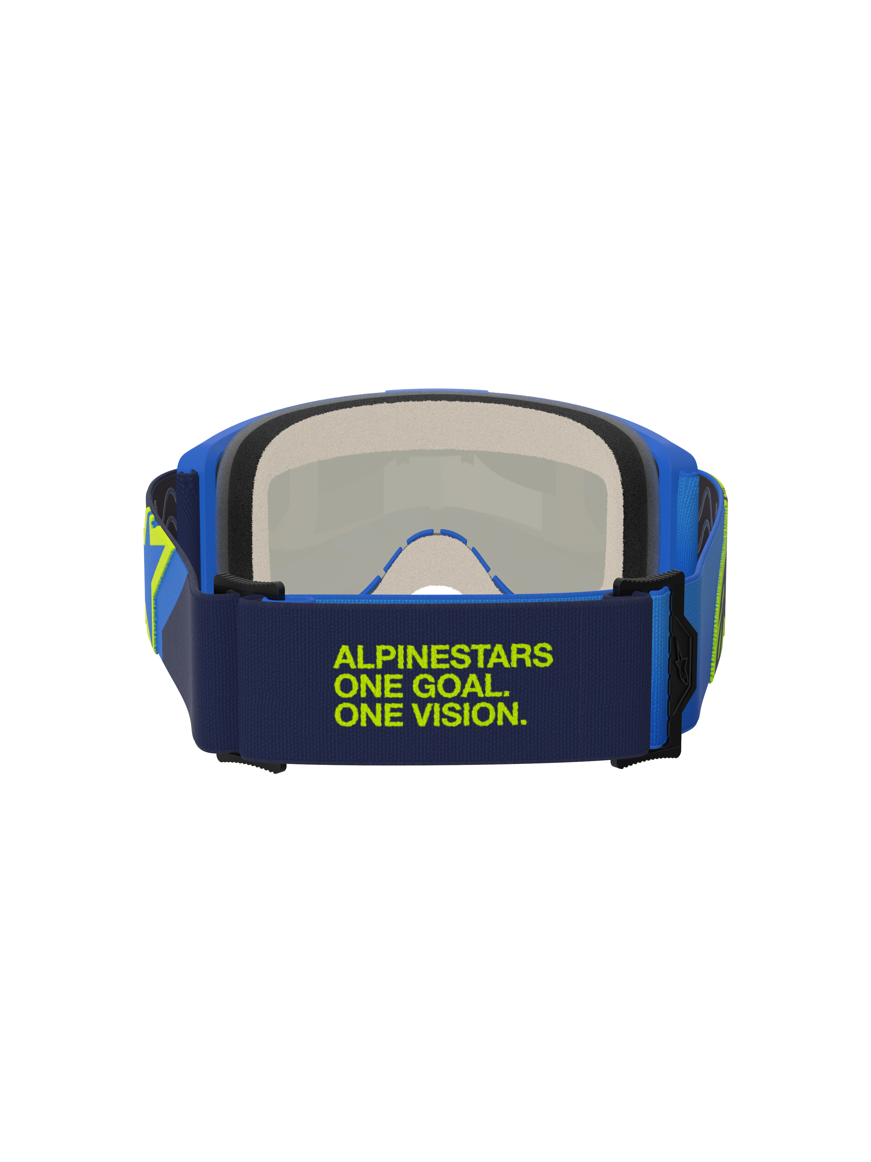 Óculos Alpinestars Vision 5 Corp, azul e amarelo fluo, vista traseira mostrando a fita azul-escura com o texto "Alpinestars One Goal One Vision" em verde-lima, armação azul e espuma facial de várias camadas, proteção ocular para motocross