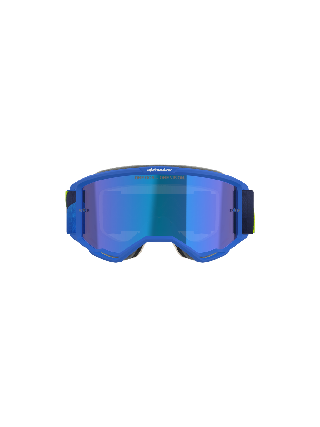 Alpinestars Vision 5 Corp Goggles, óculos de motocross, azul e amarelo fluo, lente azul espelhada com o texto 'ONE GOAL. ONE VISION.', vista frontal, armação de uretano A-FLEX ultra-flexível, óculos de proteção para performance em todo-o-terreno