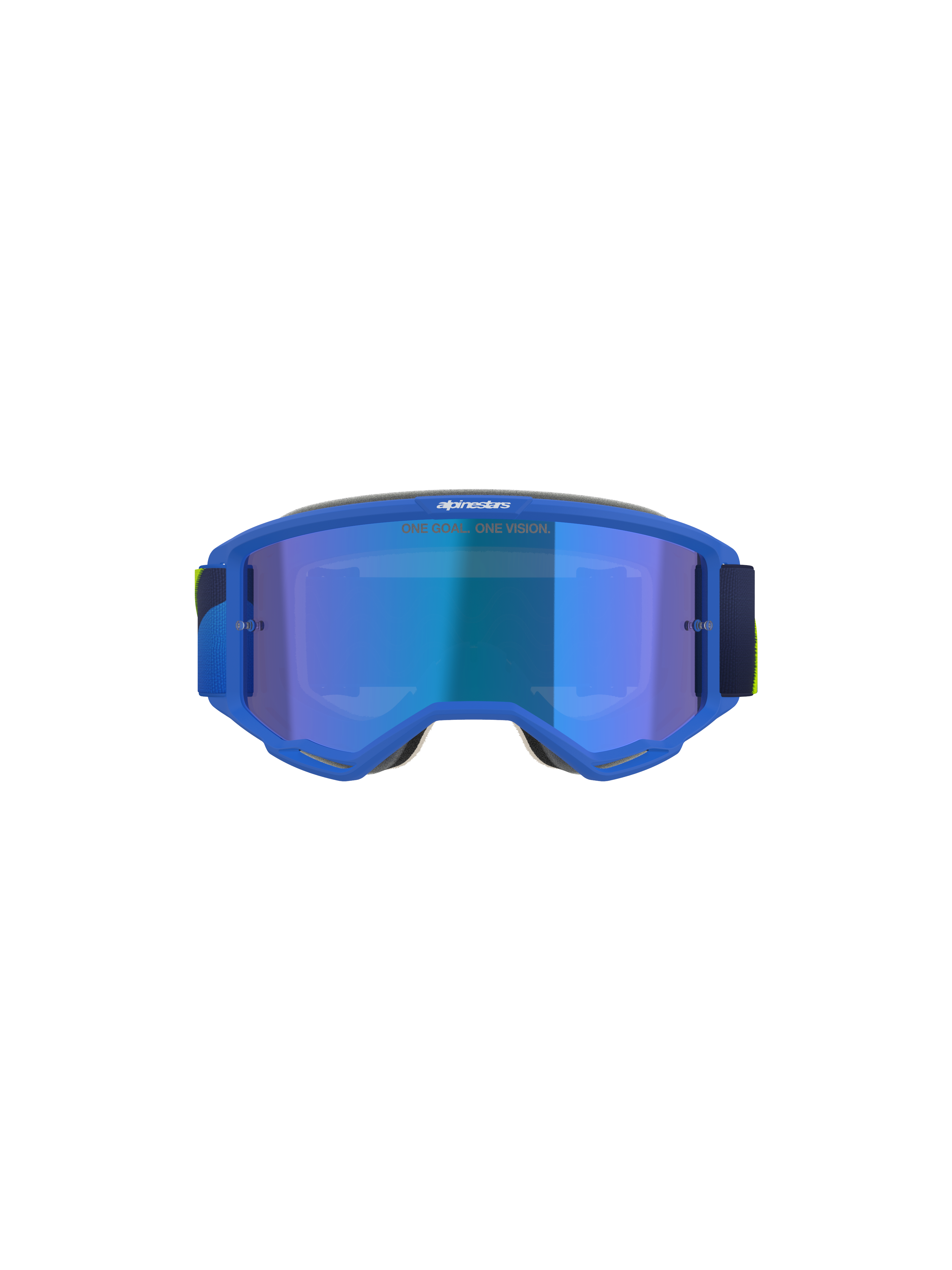 Alpinestars Vision 5 Corp Goggles, óculos de motocross, azul e amarelo fluo, lente azul espelhada com o texto 'ONE GOAL. ONE VISION.', vista frontal, armação de uretano A-FLEX ultra-flexível, óculos de proteção para performance em todo-o-terreno
