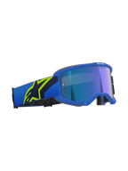 Alpinestars Vision 5 Corp Goggles, óculos de motocross, azuis e amarelo néon com lente azul espelhada, correia azul com logótipo de estrela grande em amarelo néon, texto 'ONE GOAL. ONE VISION.' na lente, proteção ocular profissional para todo-o-terreno