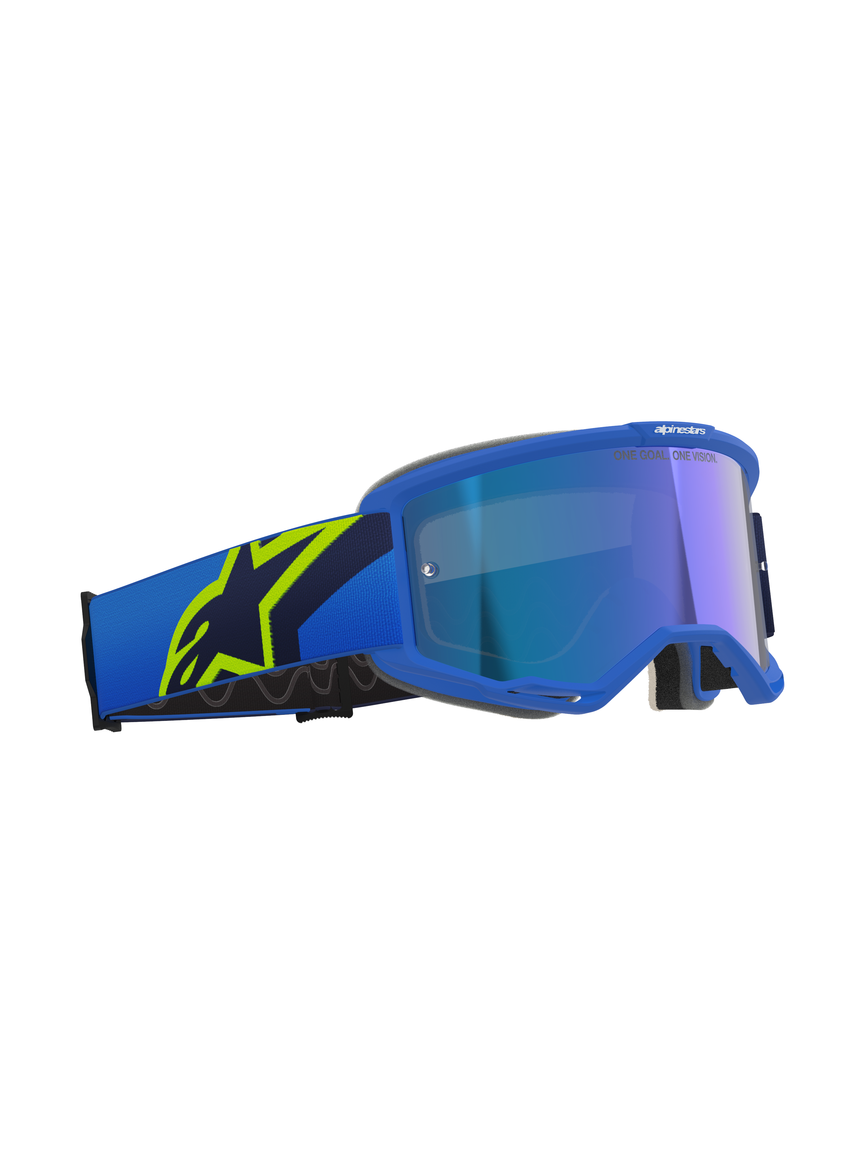 Alpinestars Vision 5 Corp Goggles, óculos de motocross, azuis e amarelo néon com lente azul espelhada, correia azul com logótipo de estrela grande em amarelo néon, texto 'ONE GOAL. ONE VISION.' na lente, proteção ocular profissional para todo-o-terreno