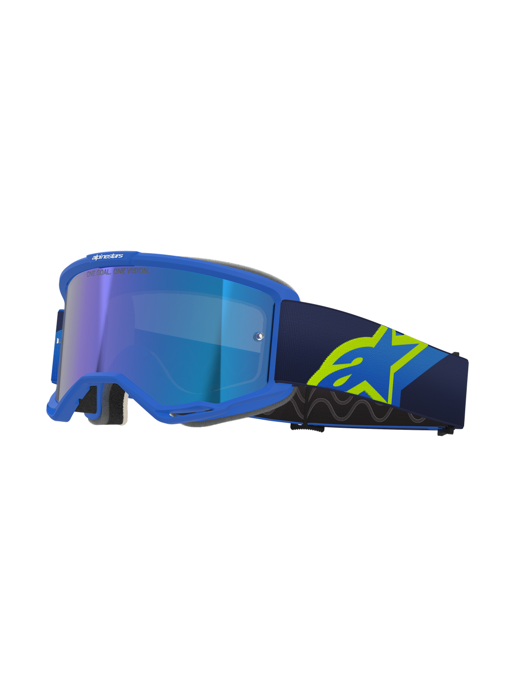 Óculos Alpinestars Vision 5 Corp, óculos de motocross, armação azul com lente azul espelhada, fita azul-marinho com logótipo A-star grande em amarelo néon, vista de perfil mostrando a armação ventilada e espuma facial cinzenta, branding 'ONE GOAL. ONE VISION.'