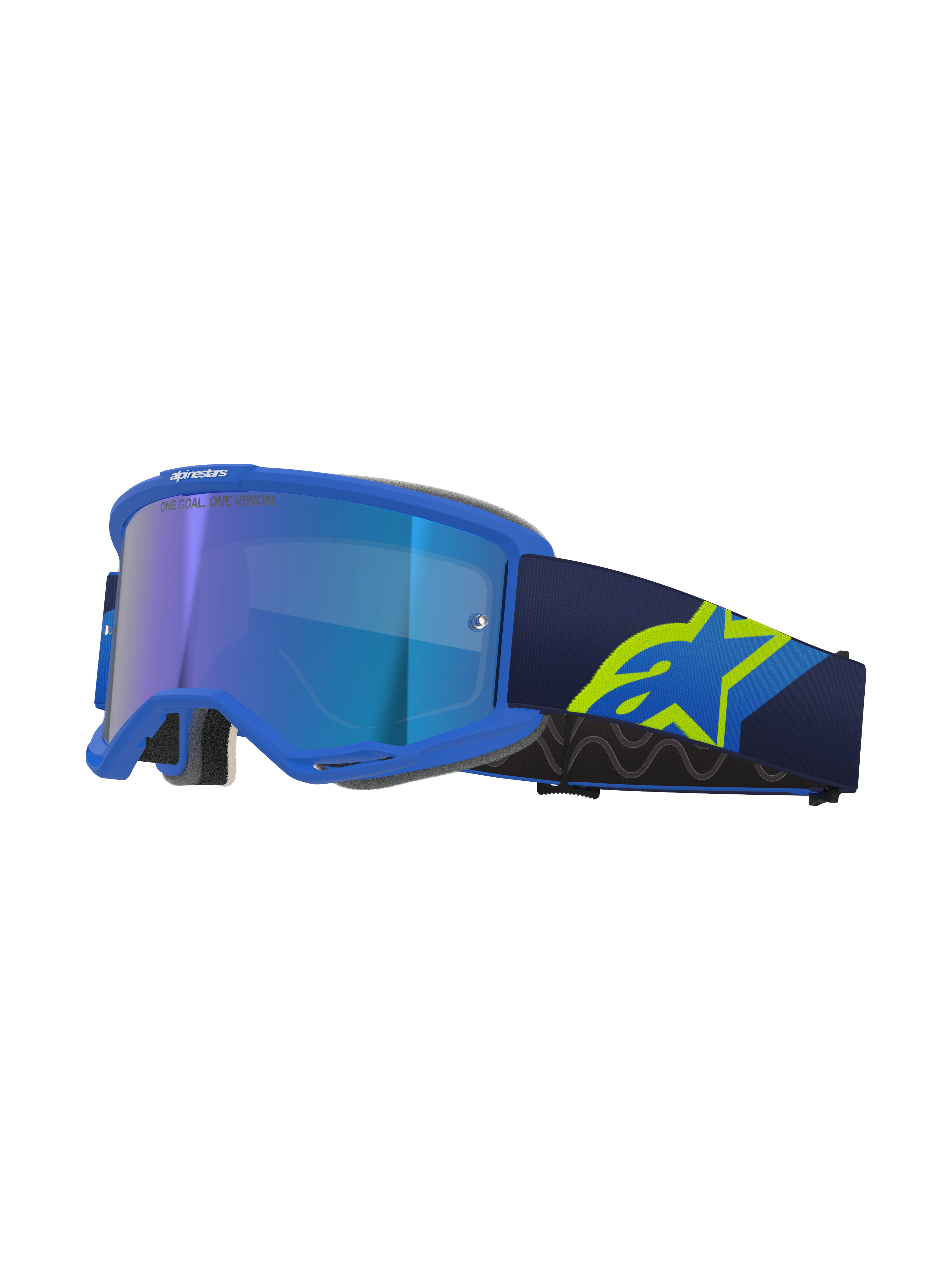 Alpinestars Vision 5 Corp Goggles, Motocross Goggles, Blue frame with mirrored blue lens, navy strap with large neon yellow A-star logo, profile view showing ventilated frame and grey face foam, "ONE GOAL. ONE VISION." branding