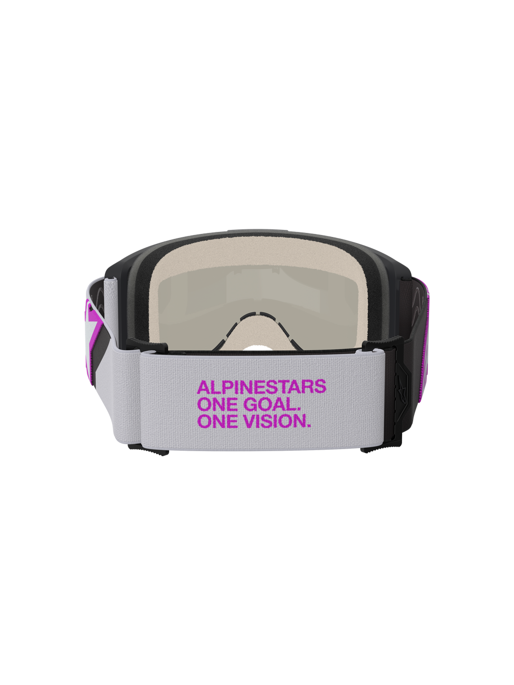 Óculos Alpinestars Vision 5 Corp, óculos de motocross, cinzento claro e prateado espelhado roxo, vista traseira mostrando a correia tecida larga com logótipo em roxo, espuma facial de várias camadas e construção de armação durável