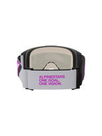 Óculos Alpinestars Vision 5 Corp, óculos de motocross, cinzento claro e prateado espelhado roxo, vista traseira mostrando a correia tecida larga com logótipo em roxo, espuma facial de várias camadas e construção de armação durável