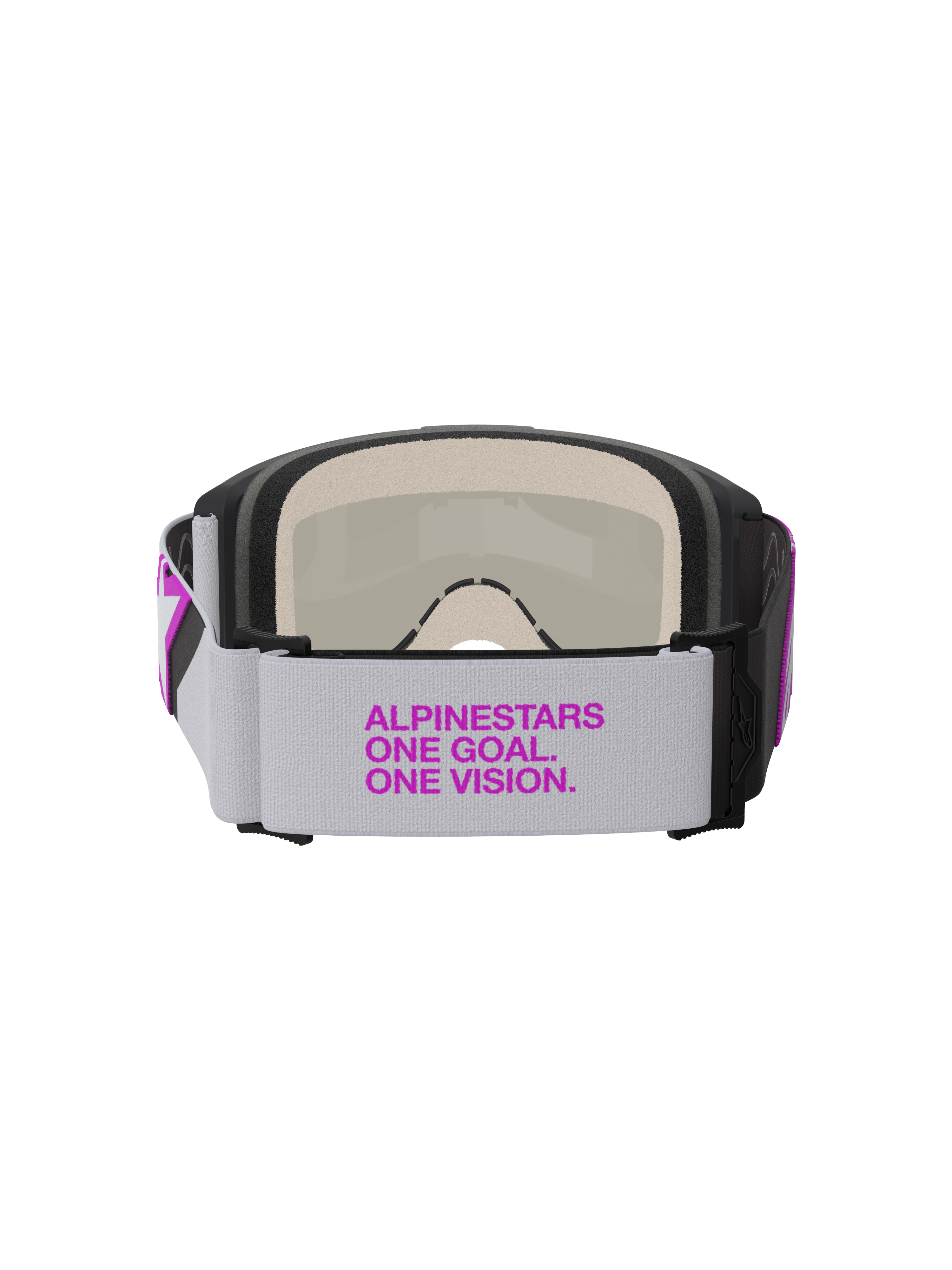 Óculos Alpinestars Vision 5 Corp, óculos de motocross, cinzento claro e prateado espelhado roxo, vista traseira mostrando a correia tecida larga com logótipo em roxo, espuma facial de várias camadas e construção de armação durável