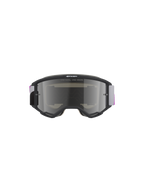Alpinestars Vision 5 Corp Goggles, óculos de motocross, armação cinzenta clara com lente espelhada prateada e púrpura, vista frontal com o texto 'ONE GOAL. ONE VISION.', fita tecida ajustável em cinzento e púrpura, proteção ocular de alta performance para todo-o-terreno