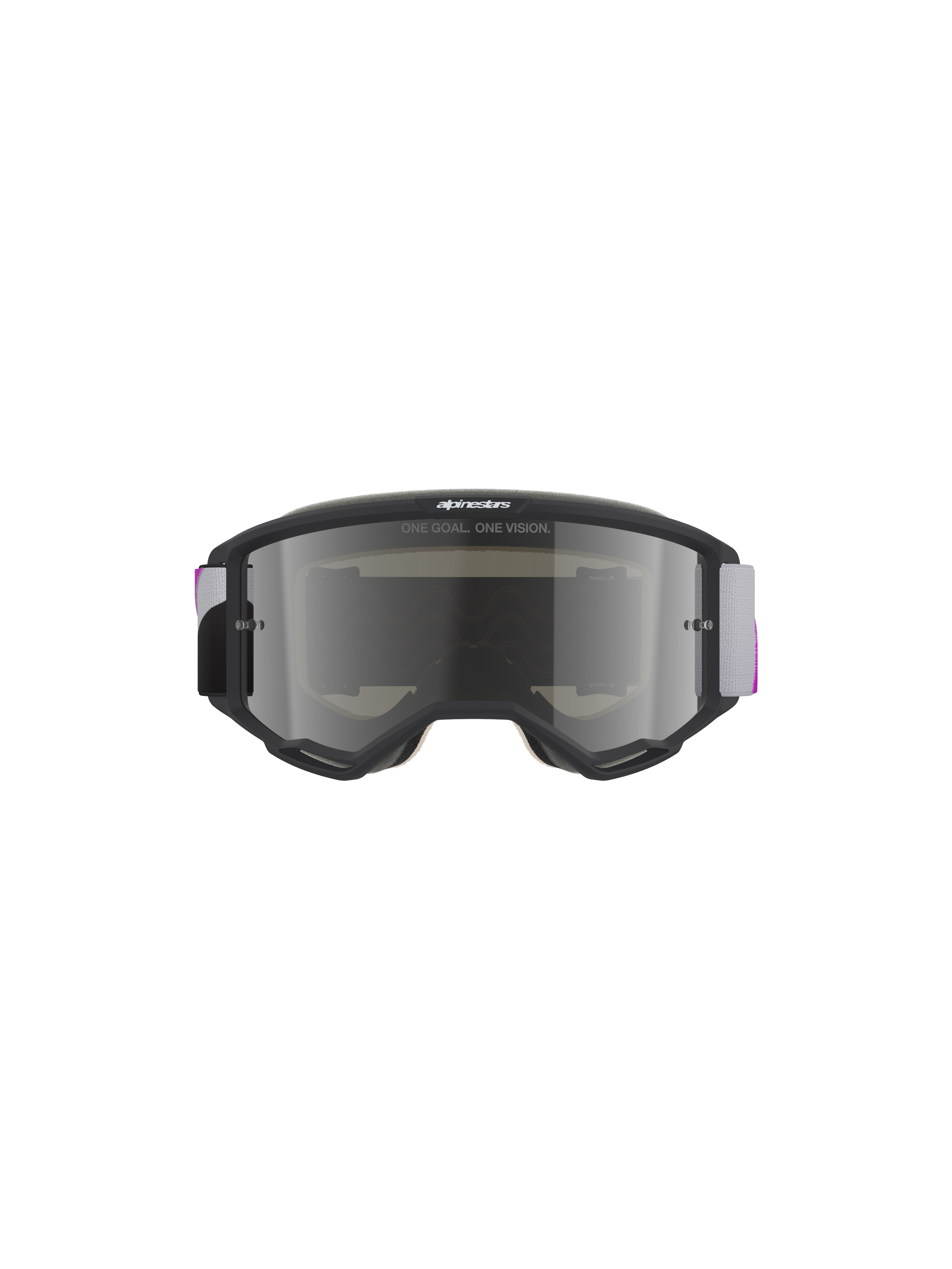 Alpinestars Vision 5 Corp Goggles, óculos de motocross, armação cinzenta clara com lente espelhada prateada e púrpura, vista frontal com o texto 'ONE GOAL. ONE VISION.', fita tecida ajustável em cinzento e púrpura, proteção ocular de alta performance para todo-o-terreno