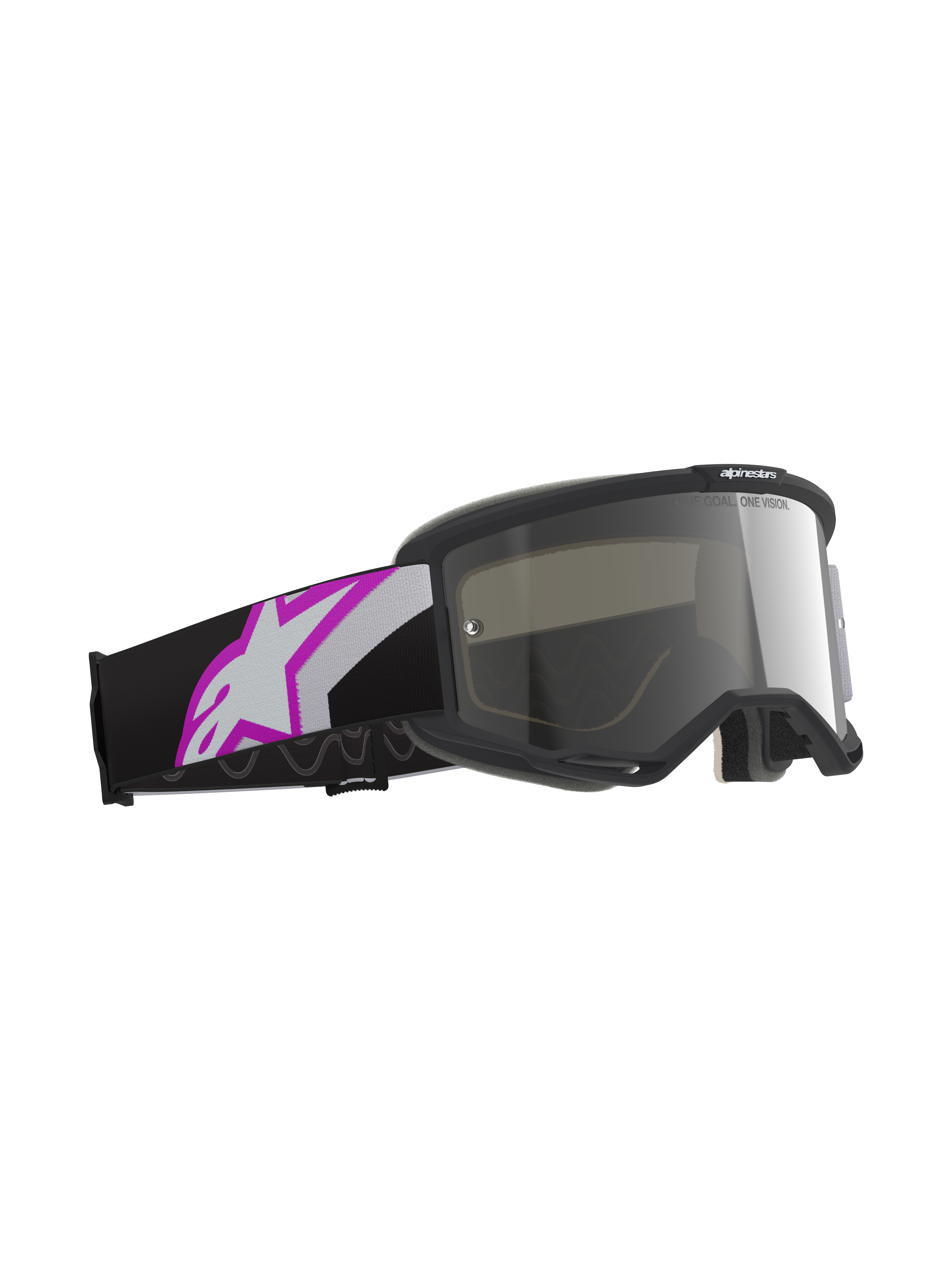 Óculos Alpinestars Vision 5 Corp, armação cinzenta clara com lente espelhada roxa e prateada, óculos de motocross com correia preta e logótipo Astars grande em branco e roxo, equipamento profissional de competição todo-o-terreno.