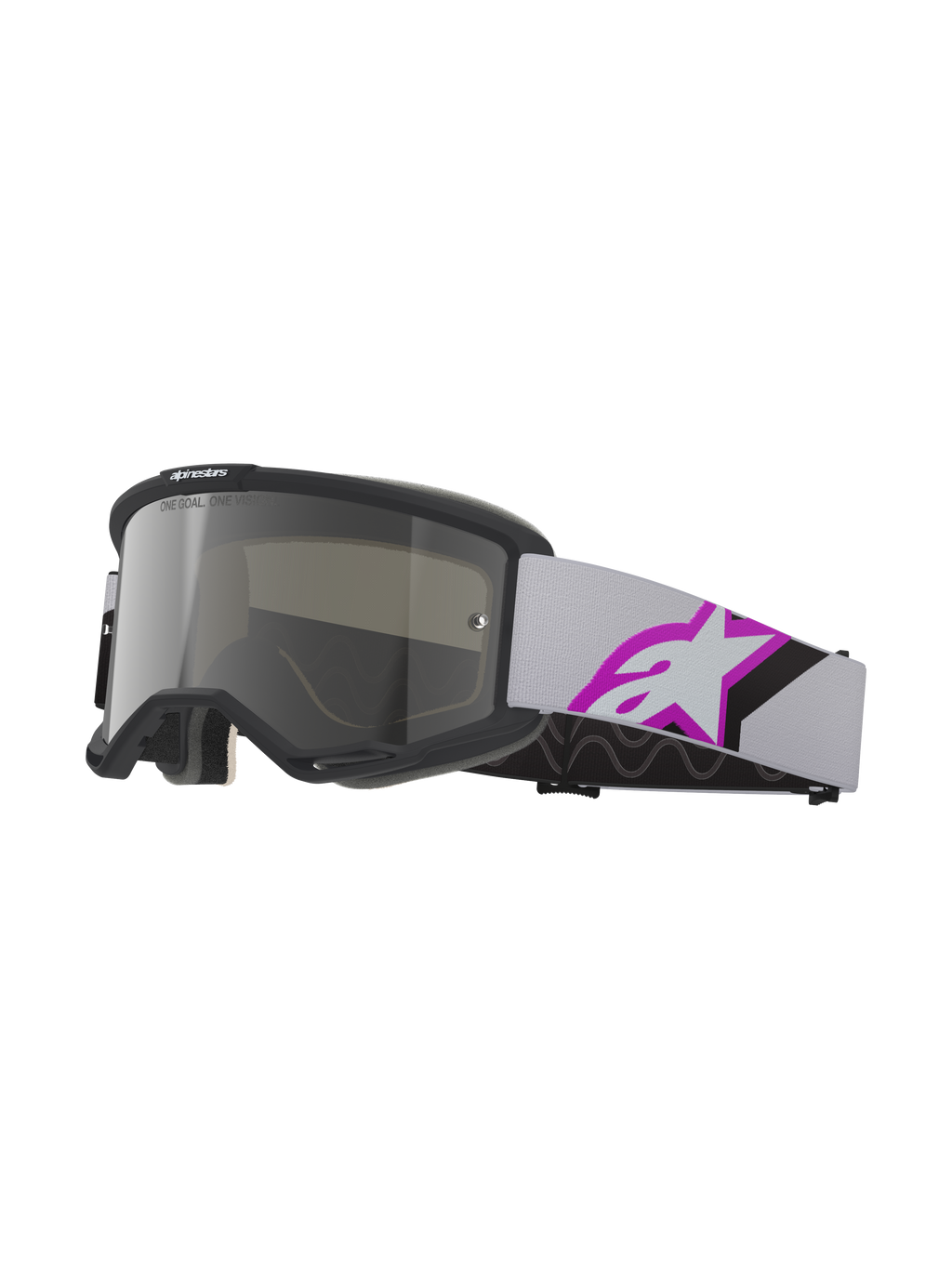 Alpinestars Vision 5 Corp Goggles, óculos de motocross, cinzento claro e púrpura com prateado espelhado, armação preta com lente prateada espelhada, fita tecida cinzenta clara com logótipo de estrela grande em púrpura e preto, espuma facial de múltiplas camadas para um ajuste preciso, óculos de proteção profissional para todo-o-terreno