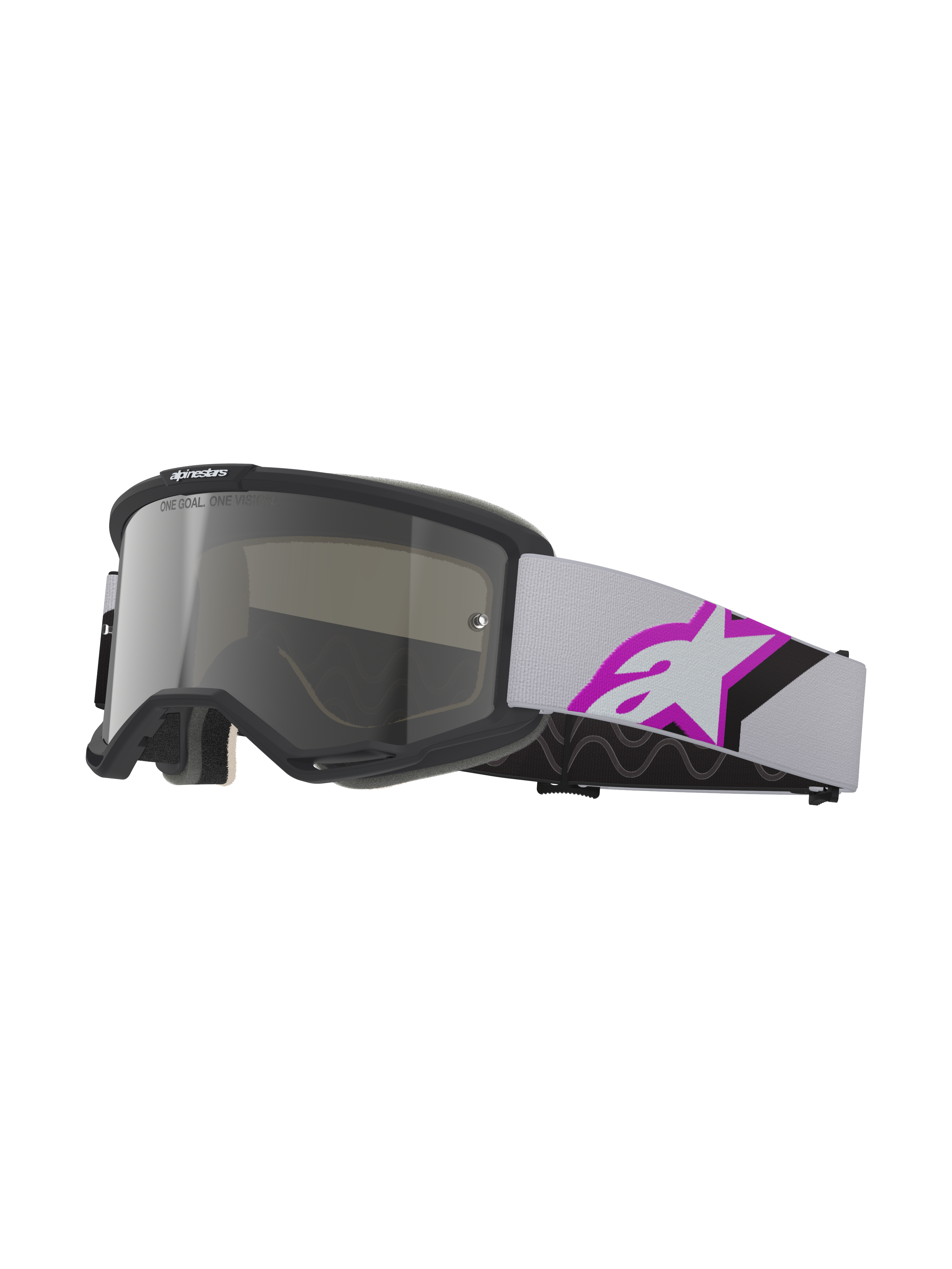 Alpinestars Vision 5 Corp Goggles, óculos de motocross, cinzento claro e púrpura com prateado espelhado, armação preta com lente prateada espelhada, fita tecida cinzenta clara com logótipo de estrela grande em púrpura e preto, espuma facial de múltiplas camadas para um ajuste preciso, óculos de proteção profissional para todo-o-terreno