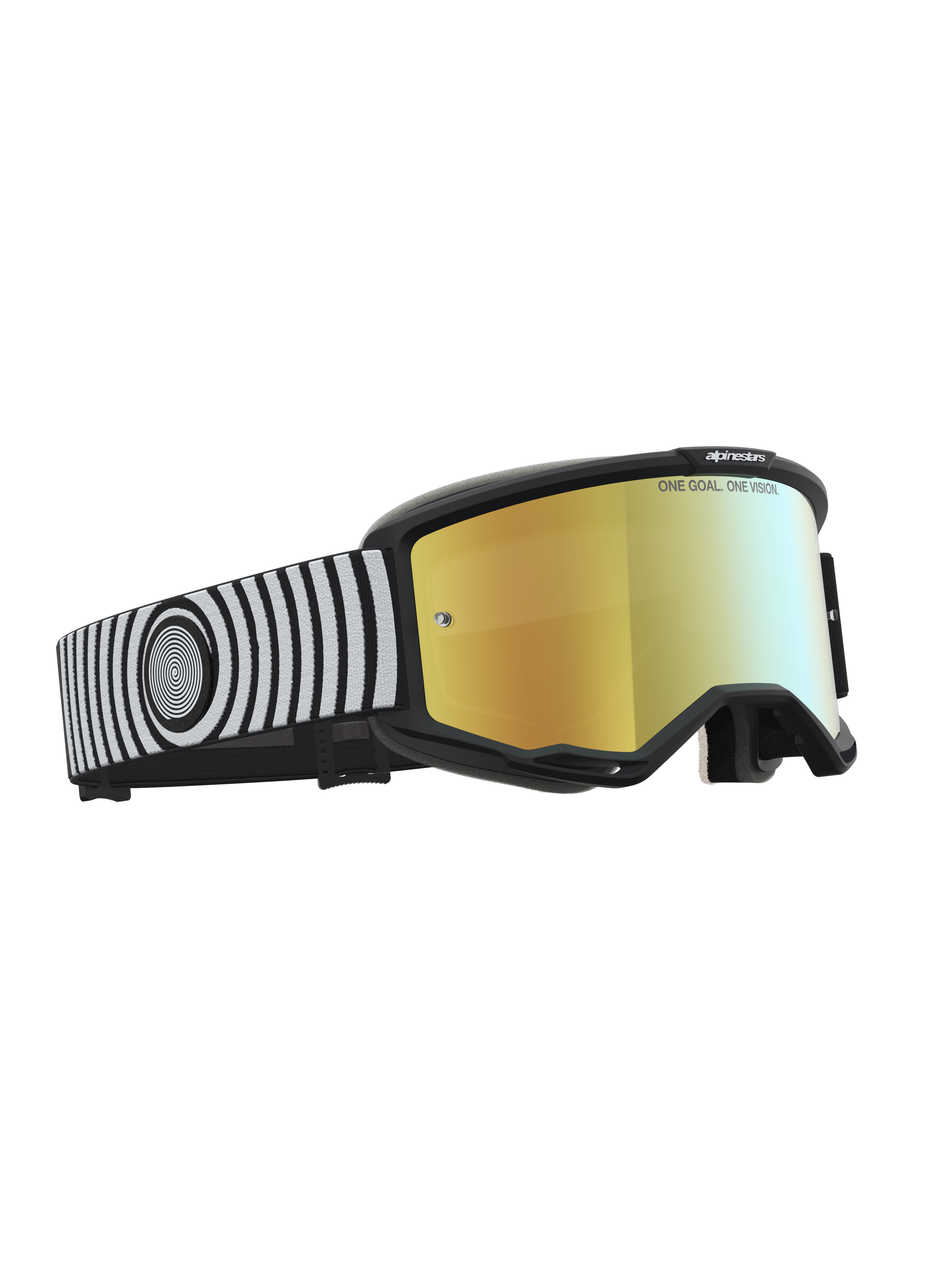 Alpinestars Vision 5 Hone, óculos de motocross, pretos e brancos com lente dourada espelhada, armação A-FLEX flexível e ventilação RAM-AIR, equipamento para off-road.