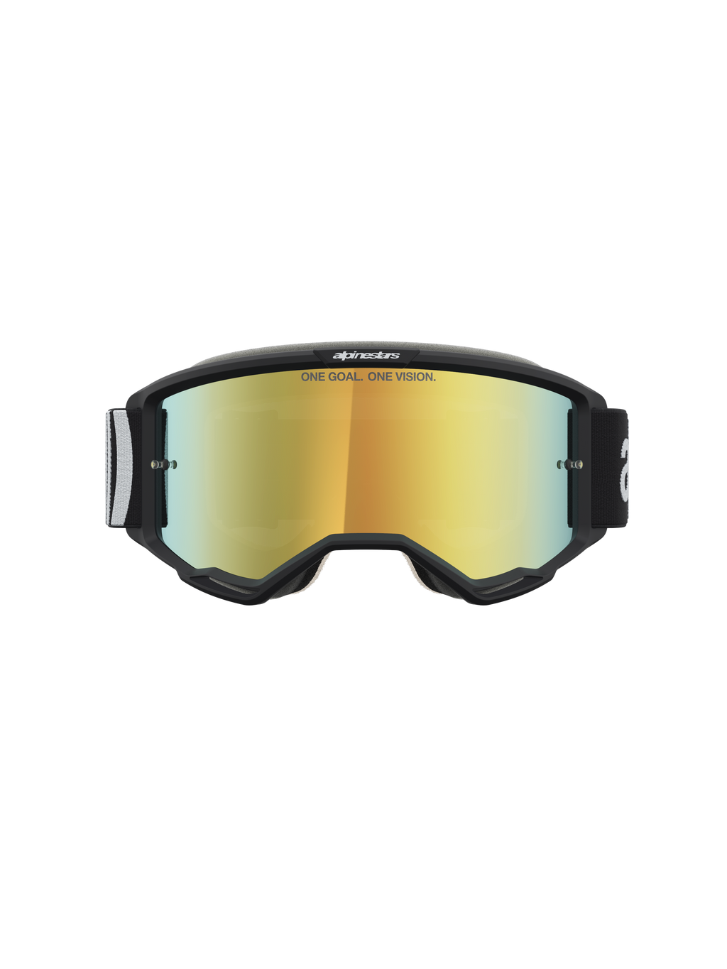 Alpinestars Vision 5 Hone, óculos de motocross pretos com lente dourada espelhada e sistema de ventilação RAM-AIR.