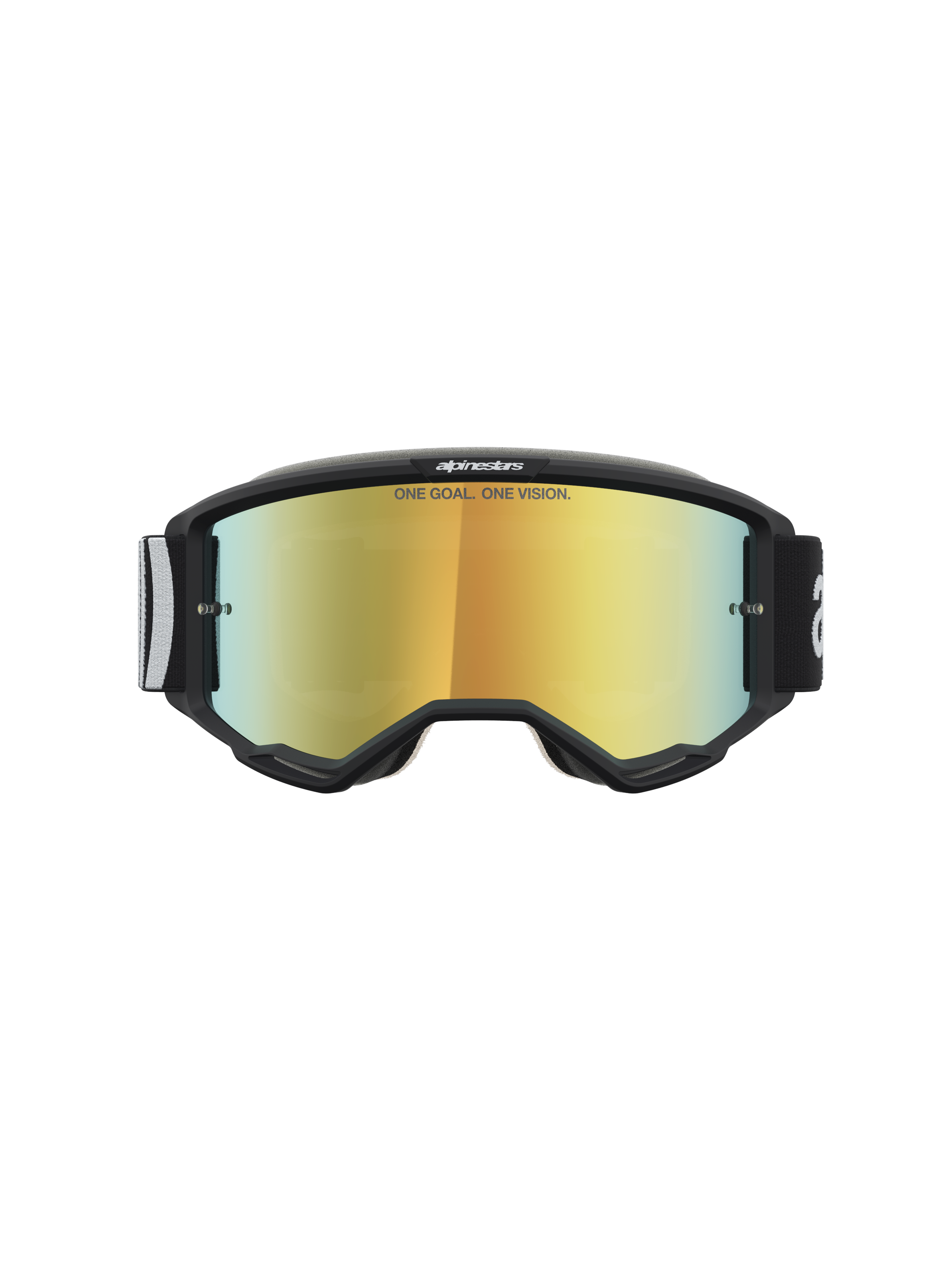Alpinestars Vision 5 Hone, óculos de motocross pretos com lente dourada espelhada e sistema de ventilação RAM-AIR.