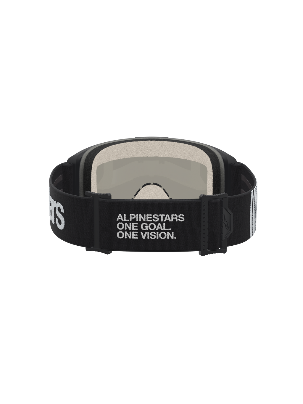 Óculos de motocross Alpinestars Vision 5 Hone, pretos e brancos, com fita elástica da marca e espuma de múltiplos estágios.