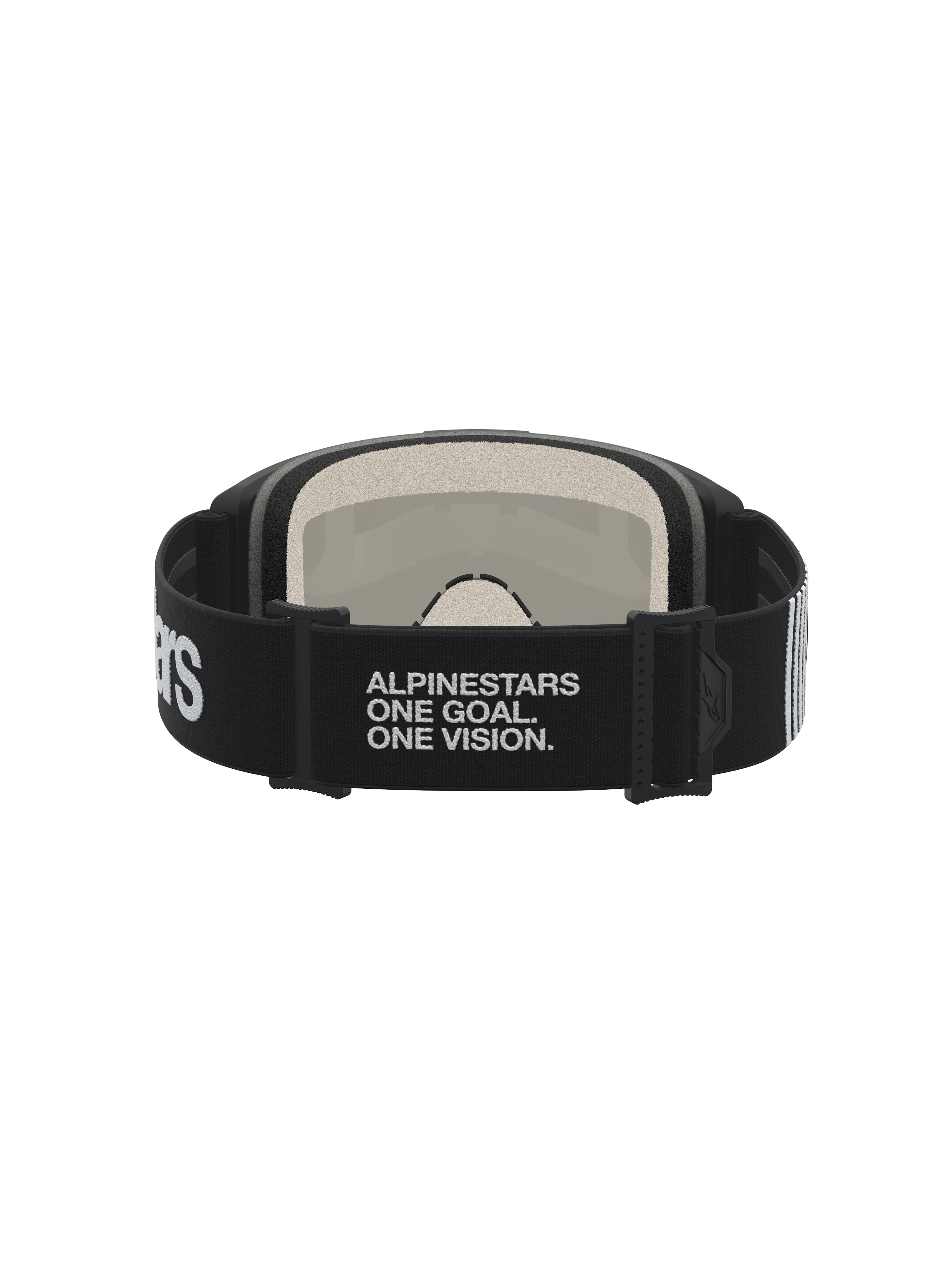 Óculos de motocross Alpinestars Vision 5 Hone, pretos e brancos, com fita elástica da marca e espuma de múltiplos estágios.