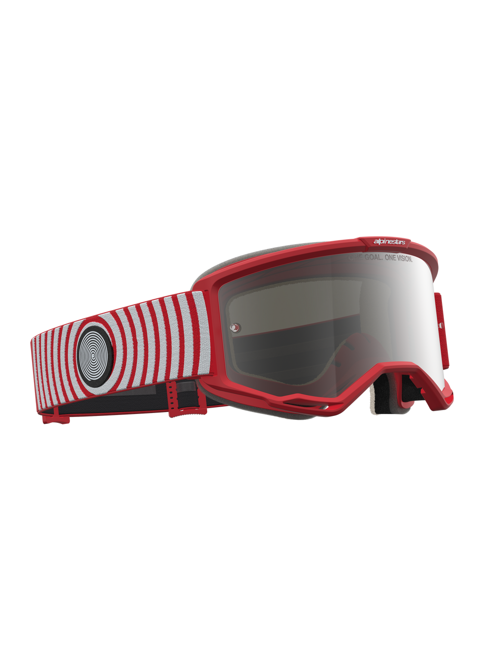 Alpinestars Vision 5 Hone, óculos de motocross vermelhos e brancos, lente prateada espelhada e armação A-FLEX flexível.