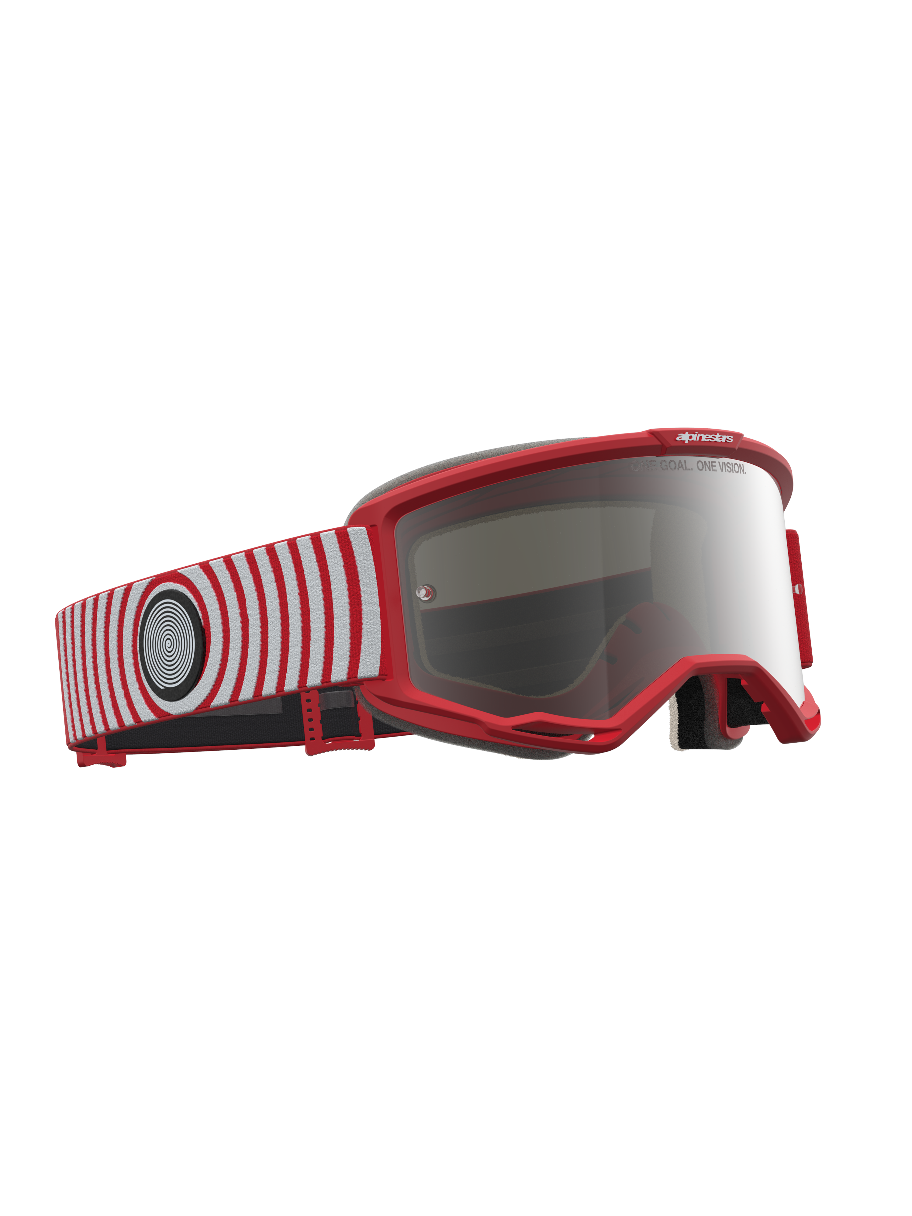 Alpinestars Vision 5 Hone, óculos de motocross vermelhos e brancos, lente prateada espelhada e armação A-FLEX flexível.