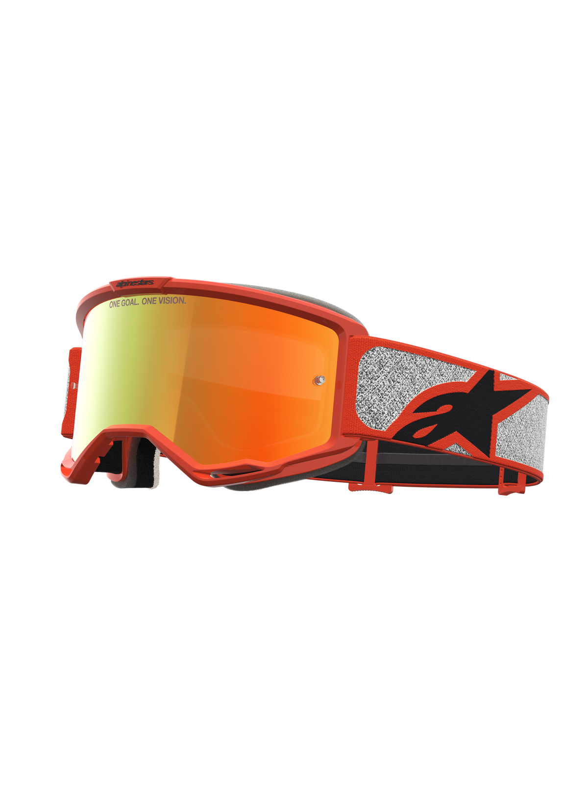 Óculos Alpinestars Vision 5 Rora para motocross, laranja e prateados, lente espelhada vermelha e estrutura A-FLEX.