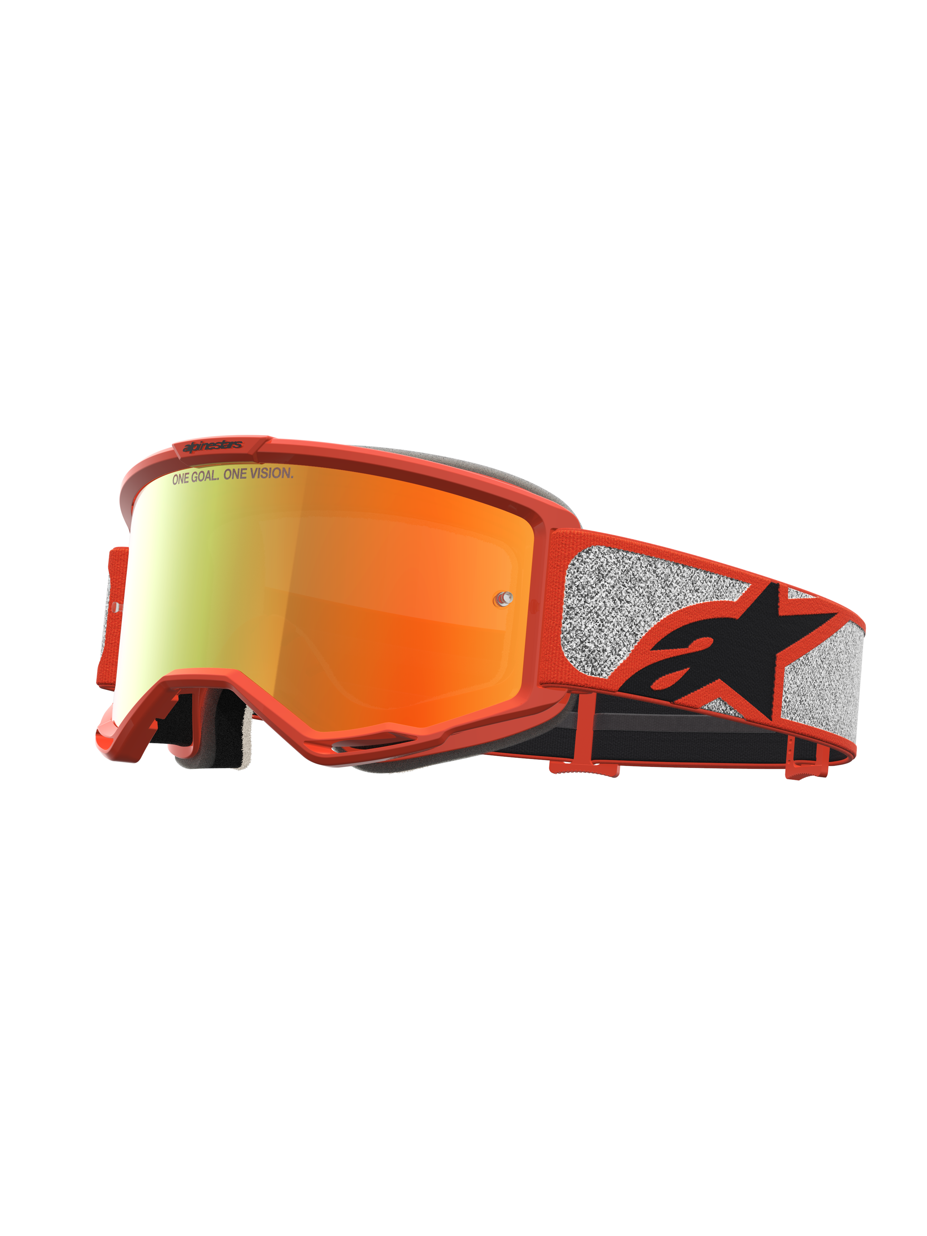 Óculos Alpinestars Vision 5 Rora para motocross, laranja e prateados, lente espelhada vermelha e estrutura A-FLEX.