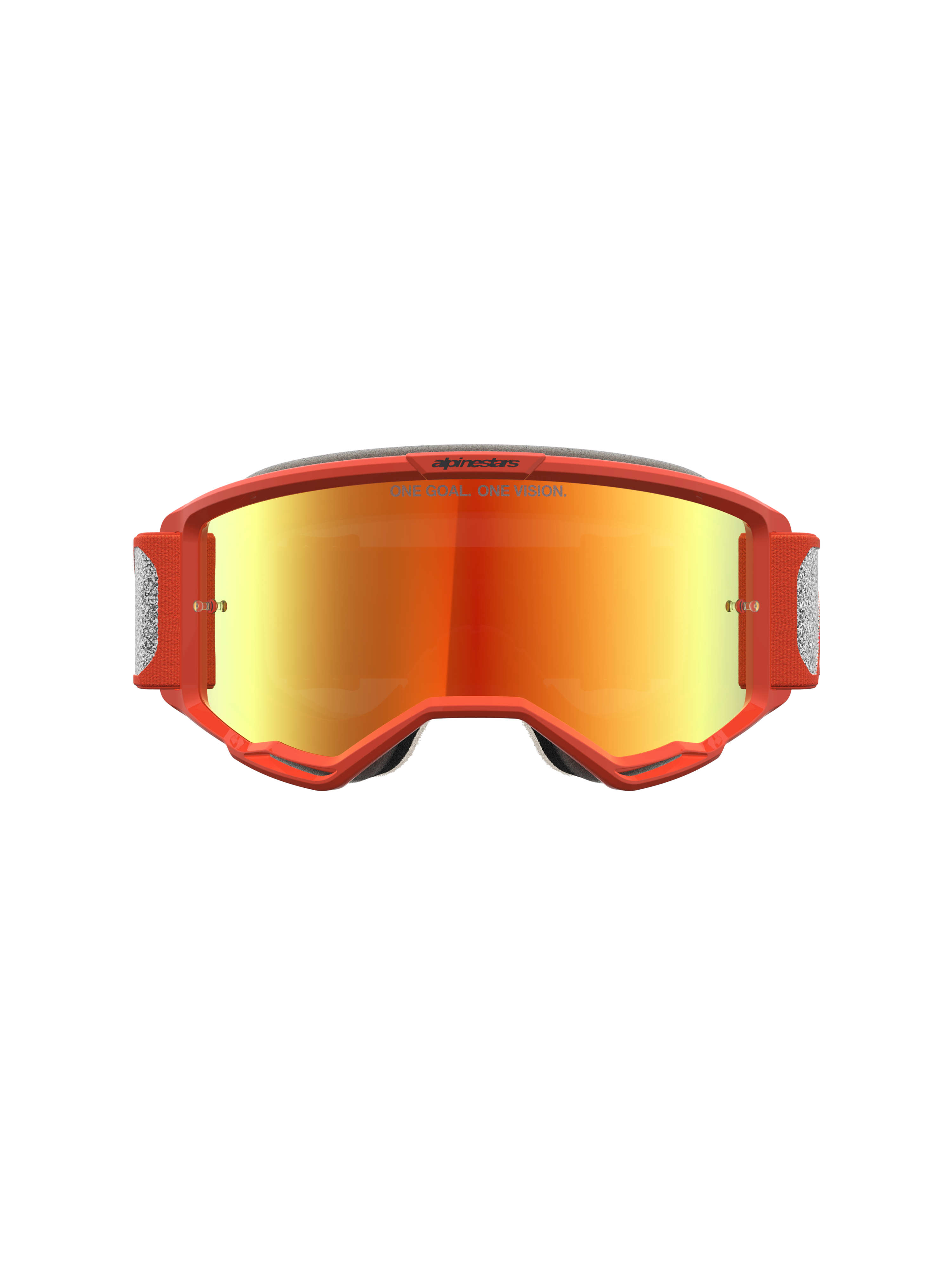 Alpinestars Vision 5 Rora, óculos de motocross laranja, lente espelhada prateada, estrutura A-FLEX para todo-o-terreno.