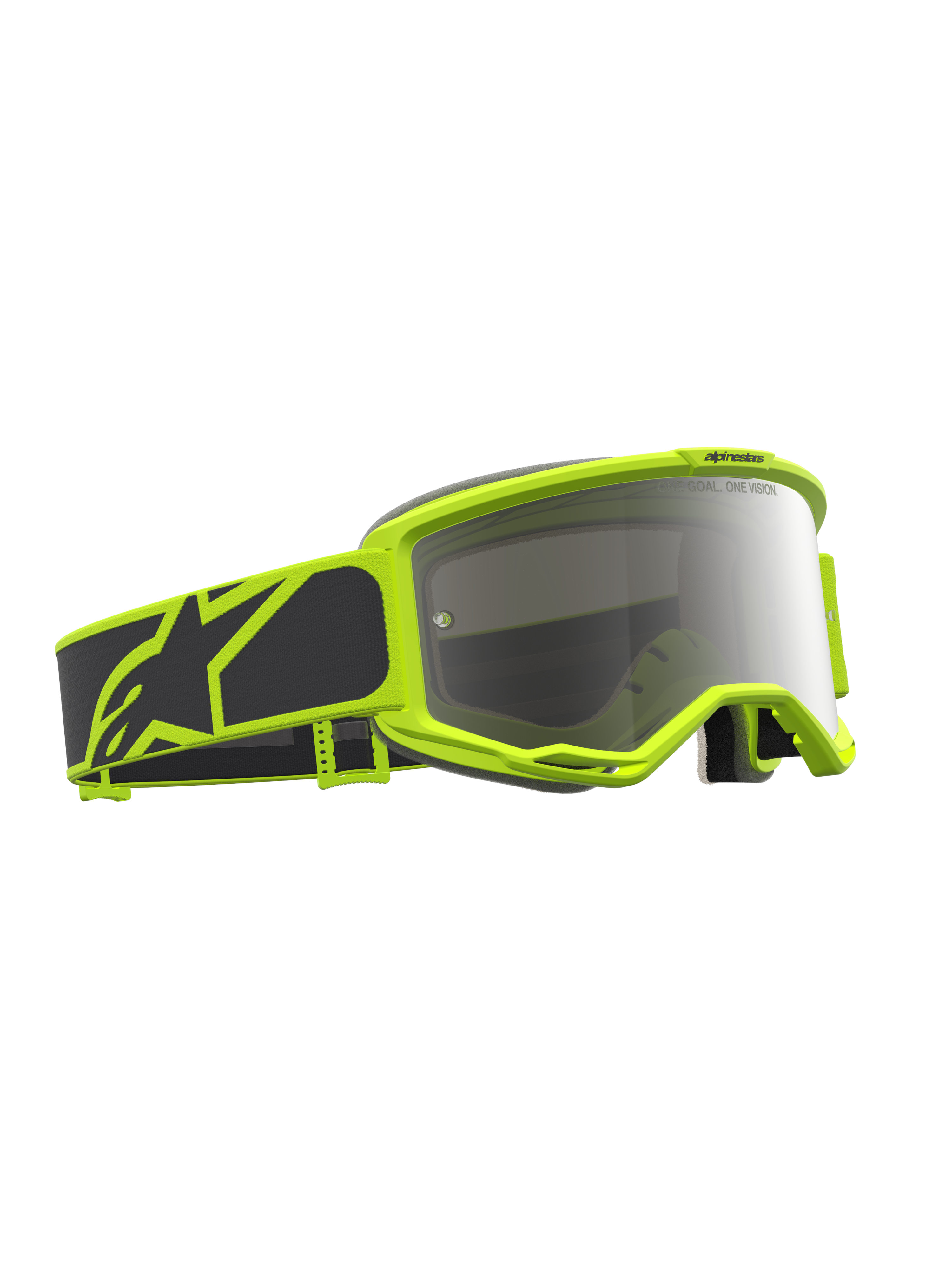 Alpinestars Vision 5 Rora, óculos de motocross pretos e amarelo fluo, com lente prateada espelhada e ventilação RAM-AIR
