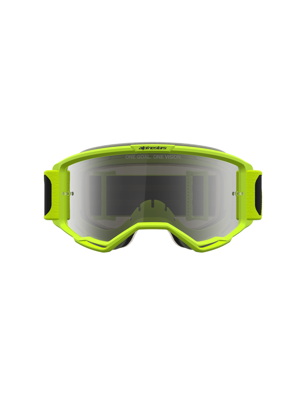 Óculos Alpinestars Vision 5 Rora de motocross em amarelo fluo e preto, com lente prateada espelhada e ventilação RAM-AIR.