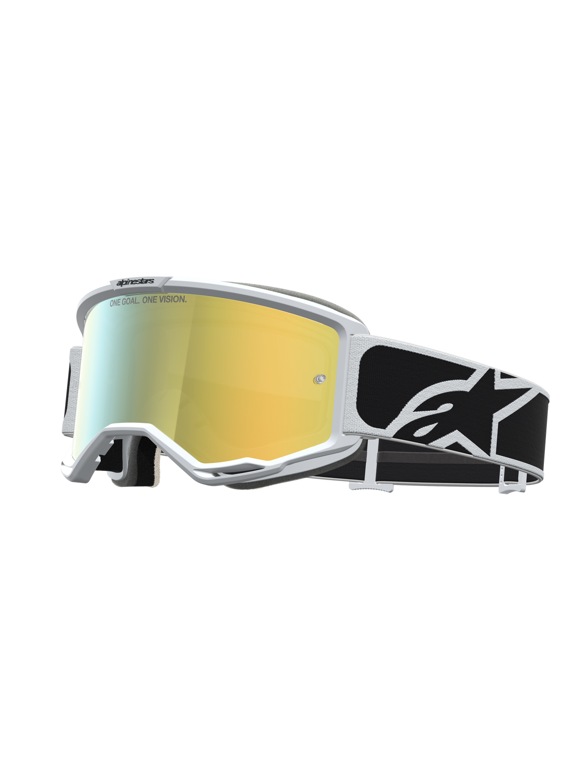 Alpinestars Óculos Vision 5 Rora, óculos de motocross com armação branca, lente espelhada dourada e correia preta e branca com logótipo.