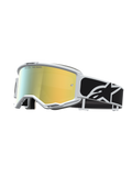 Alpinestars Óculos Vision 5 Rora, óculos de motocross com armação branca, lente espelhada dourada e correia preta e branca com logótipo.