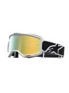 Alpinestars Óculos Vision 5 Rora, óculos de motocross com armação branca, lente espelhada dourada e correia preta e branca com logótipo.