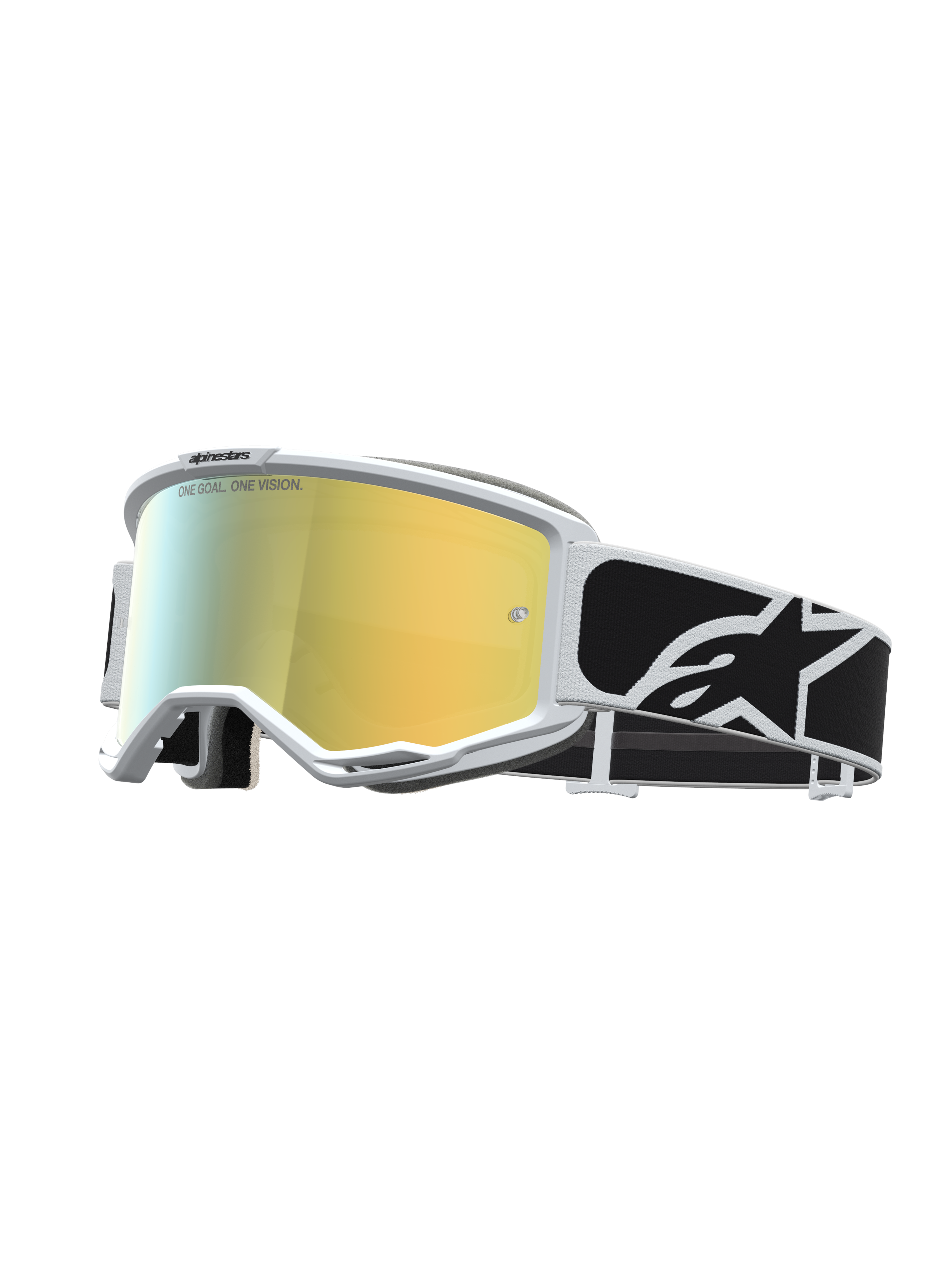 Alpinestars Óculos Vision 5 Rora, óculos de motocross com armação branca, lente espelhada dourada e correia preta e branca com logótipo.