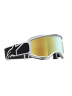 Alpinestars Óculos Vision 5 Rora, óculos de motocross com armação branca, lente dourada espelhada e correia gráfica preta.