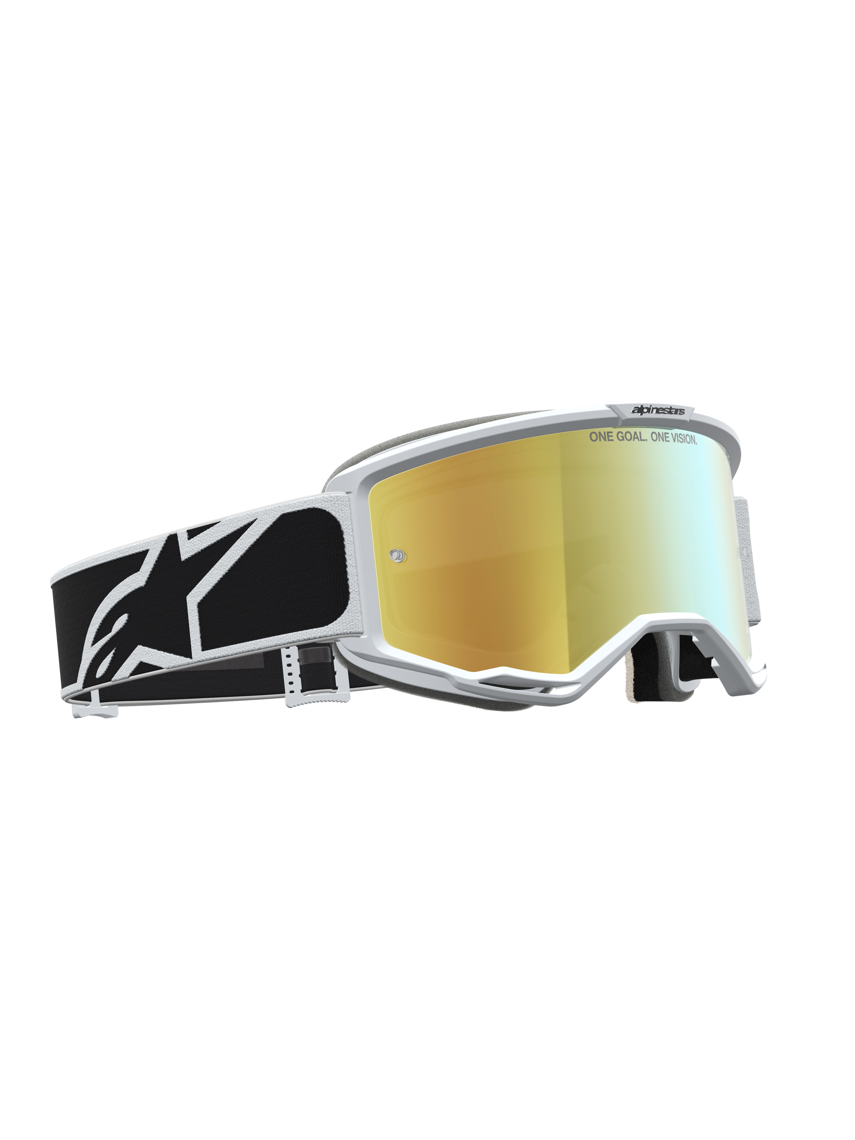 Alpinestars Óculos Vision 5 Rora, óculos de motocross com armação branca, lente dourada espelhada e correia gráfica preta.
