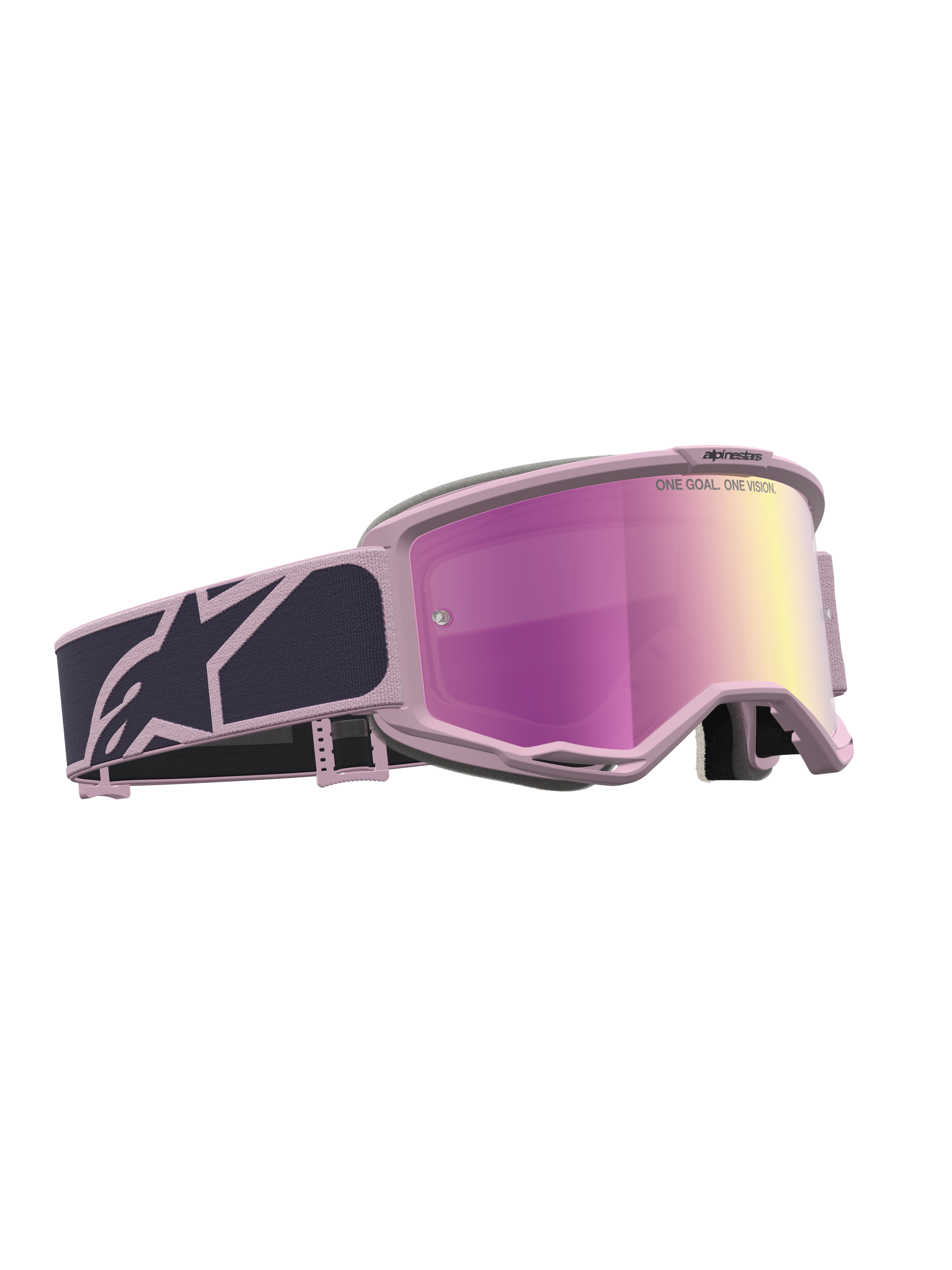 Alpinestars Vision 5 Rora, óculos de motocross cinzentos e rosa, lente rosa espelhada, ventilação RAM-AIR e armação A-FLEX ultra-flexível.