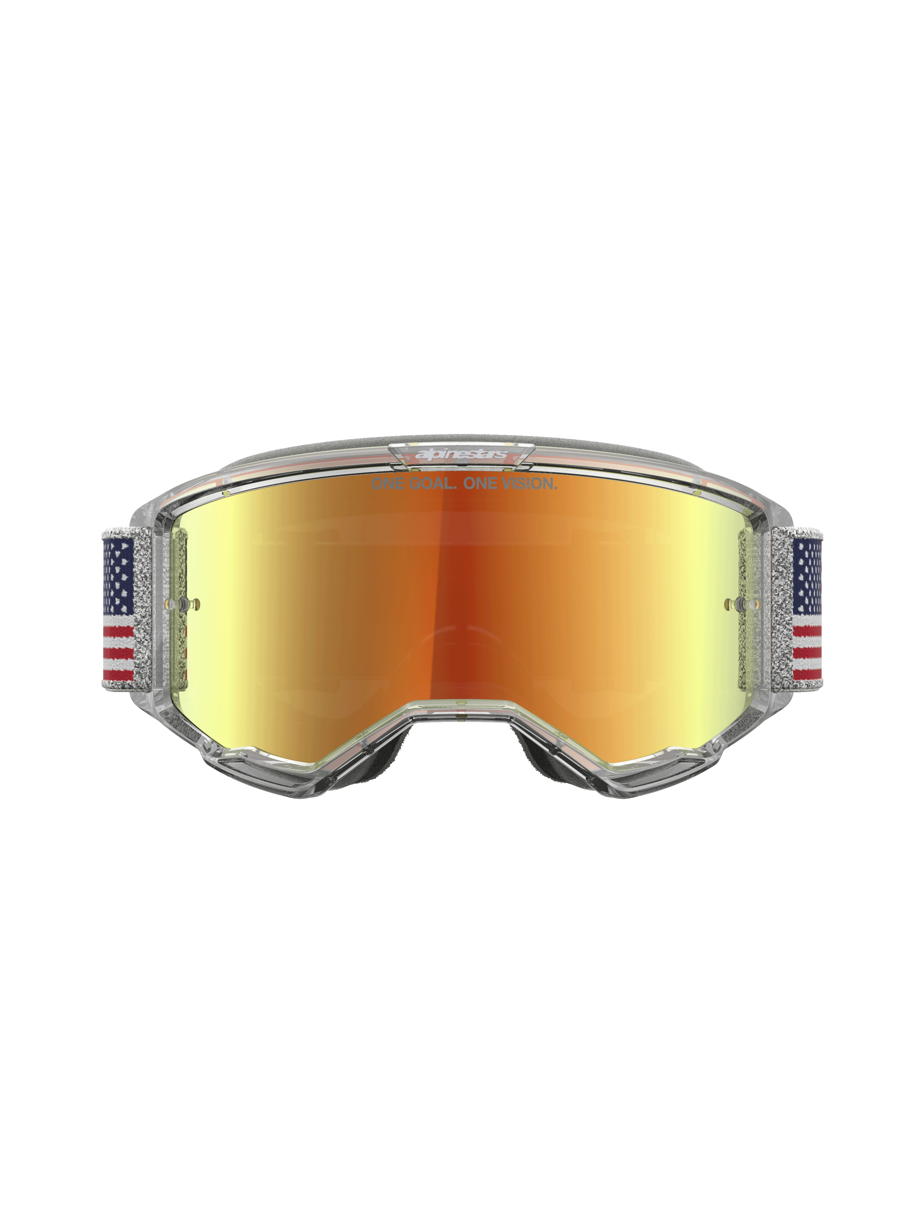 Alpinestars Vision 5 Le Fiftyfold Goggle, óculos de motocross de edição limitada, lente espelhada vermelha, armação transparente A-FLEX e fita com padrão de bandeira.