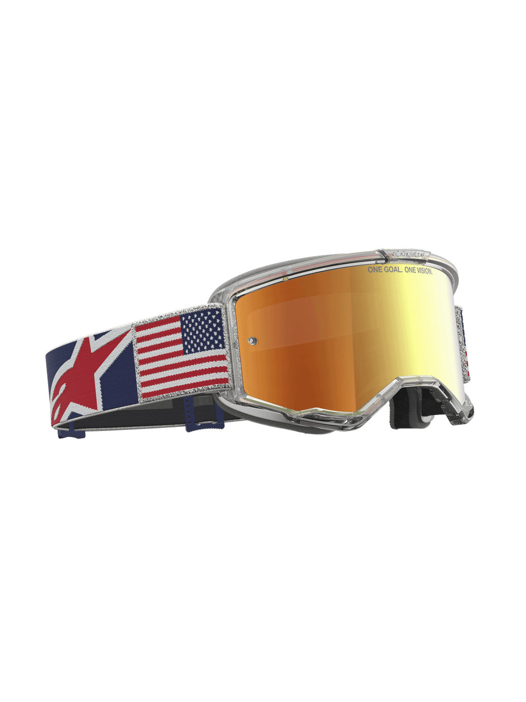 Alpinestars Vision 5 Le Fiftyfold, óculos de motocross de edição limitada, lente vermelha espelhada, armação transparente e fita com a bandeira dos EUA, equipamento para todo-o-terreno