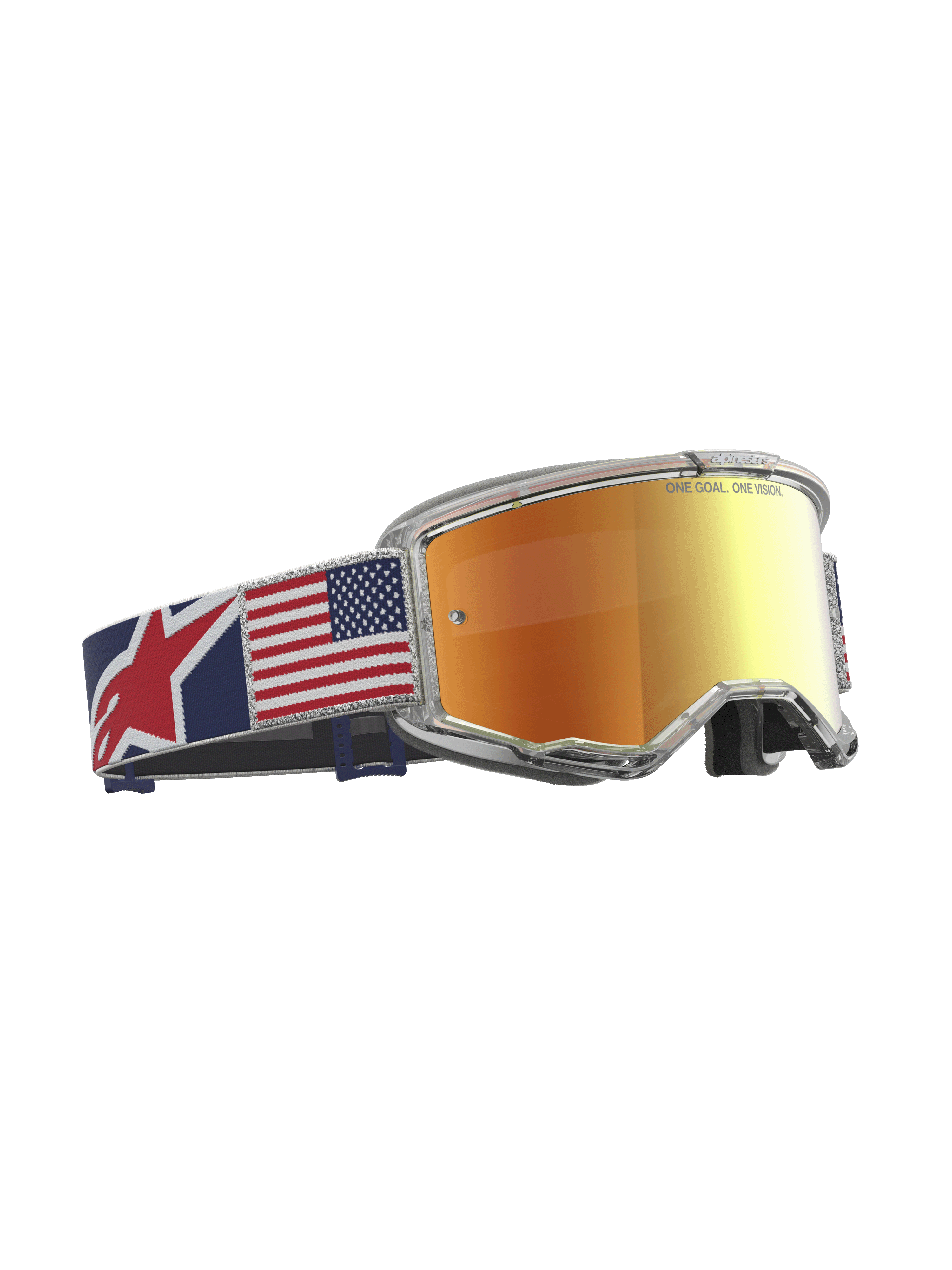 Alpinestars Vision 5 Le Fiftyfold, óculos de motocross de edição limitada, lente vermelha espelhada, armação transparente e fita com a bandeira dos EUA, equipamento para todo-o-terreno