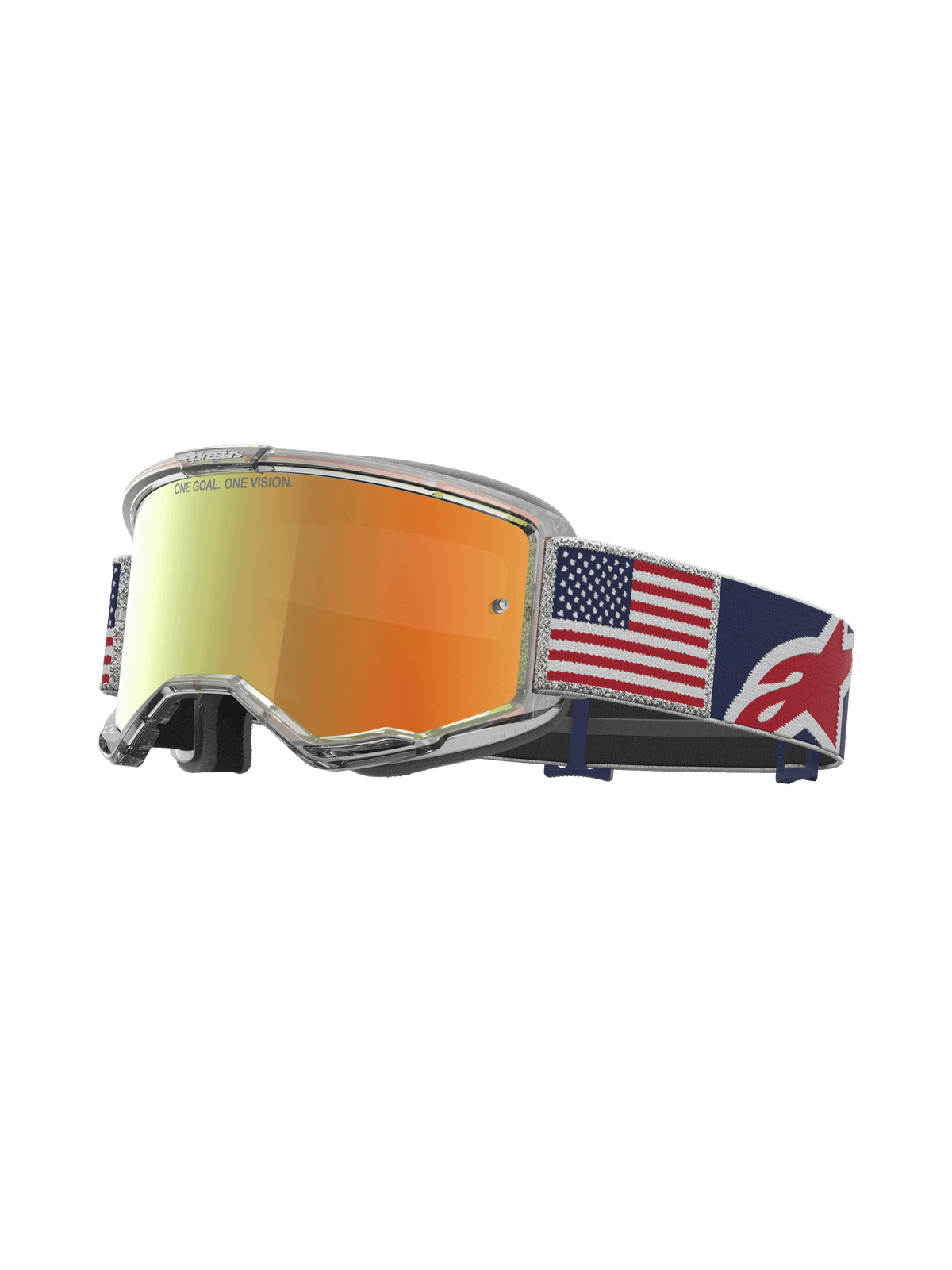 Alpinestars Vision 5 Le Fiftyfold Goggle, óculos de motocross com lentes espelhadas vermelhas, correia com padrão da bandeira dos EUA em azul, vermelho e branco, armação A-FLEX transparente e ventilação RAM-AIR.