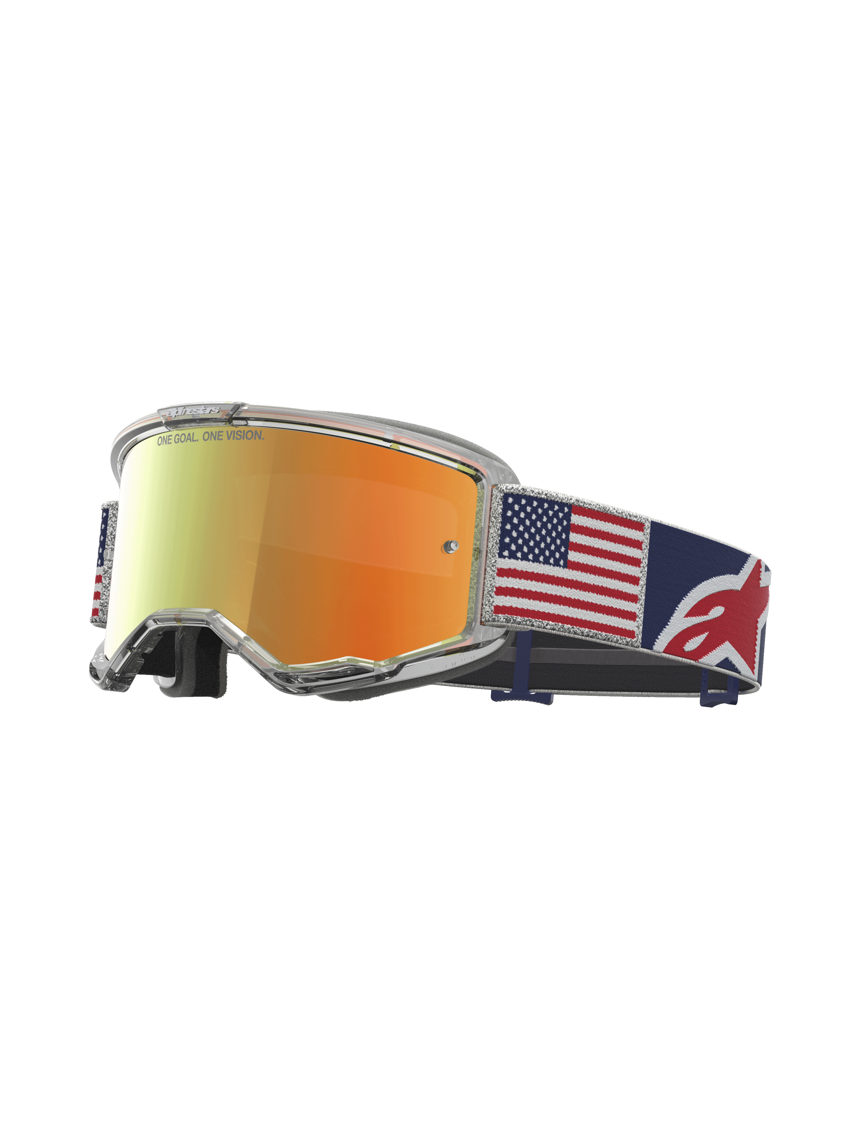 Alpinestars Vision 5 Le Fiftyfold Goggle, óculos de motocross com lentes espelhadas vermelhas, correia com padrão da bandeira dos EUA em azul, vermelho e branco, armação A-FLEX transparente e ventilação RAM-AIR.