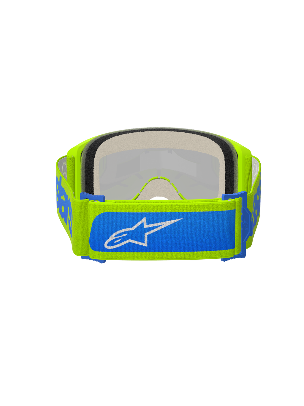 Óculos Alpinestars Vision 5 Blaze, óculos de motocross, amarelo néon e azul, vista traseira com fita tecida ajustável de 45 mm com detalhes azuis e logótipo Alpinestars branco, espuma facial espessa de várias camadas, concebidos para corridas off-road